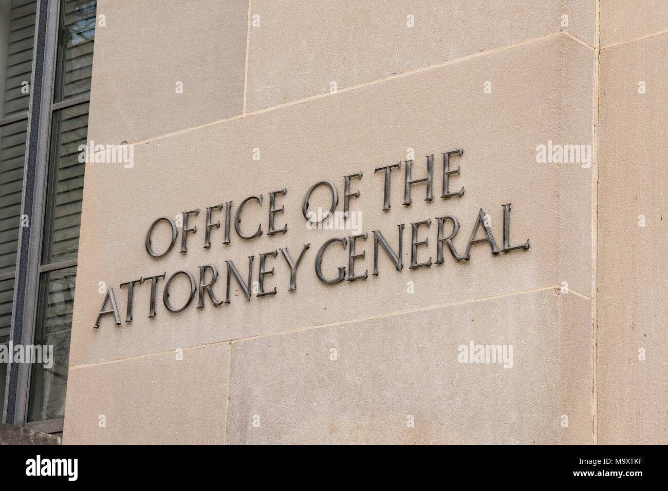 WASHINGTON, DC - 14. MÄRZ 2018: Büro des Generalstaatsanwalts Zeichen auf das Justizministerium in Washington, DC Stockfoto
