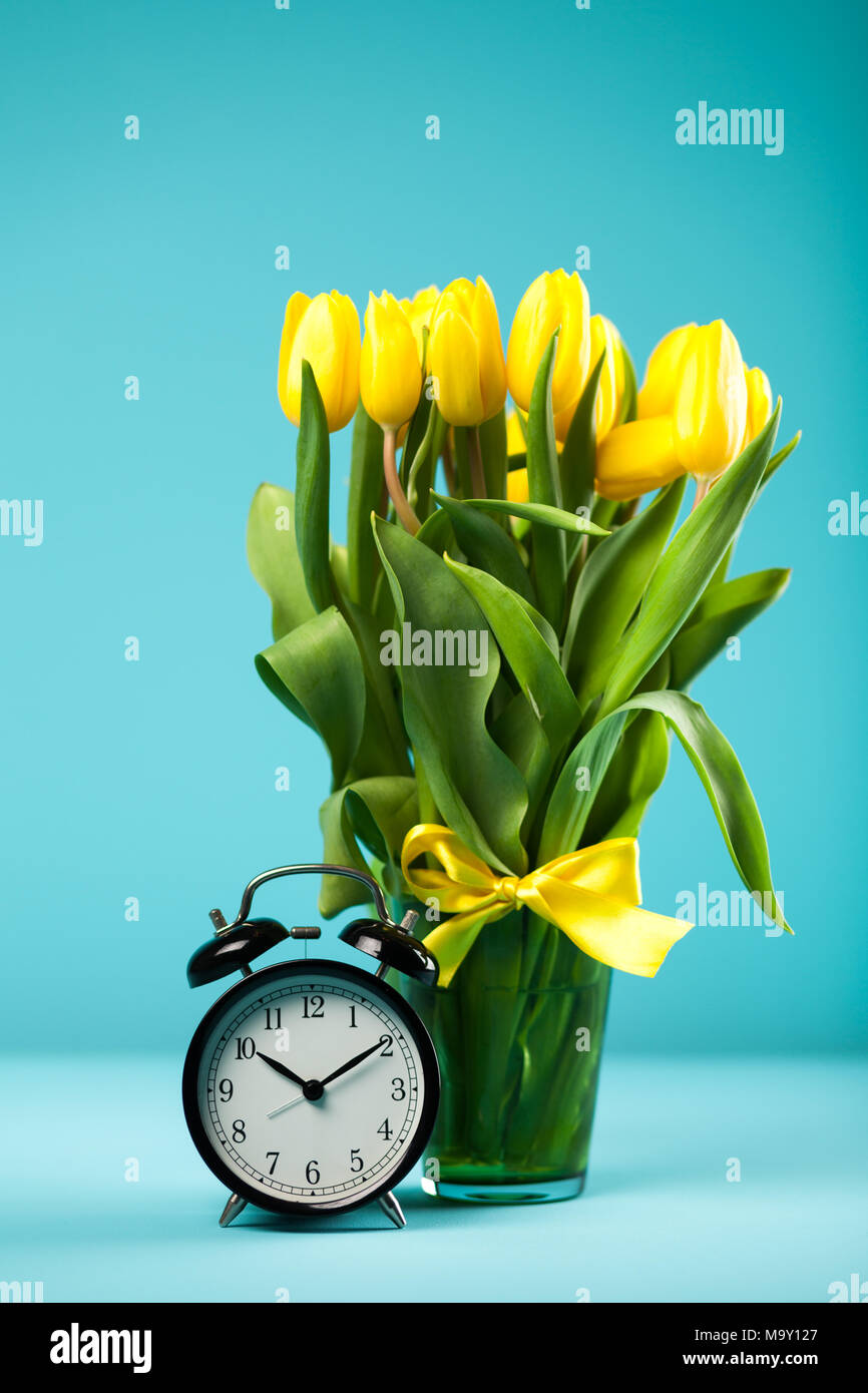 Gelbe Tulpen auf blauem Hintergrund Stockfoto