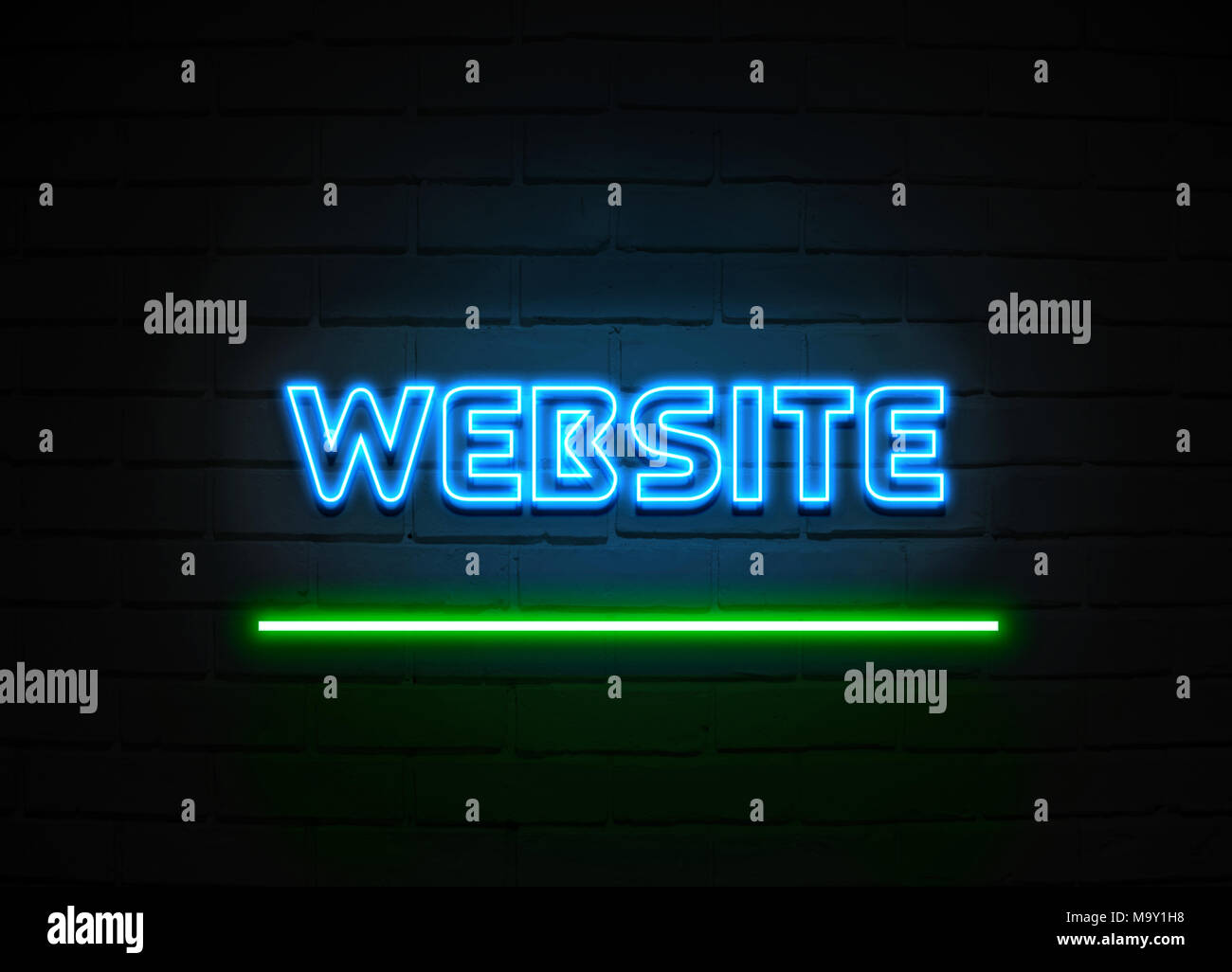 Die blauen und grünen Leuchtreklame auf Mauer, Nacht, Verkaufsförderung, Werbung, Stockfoto