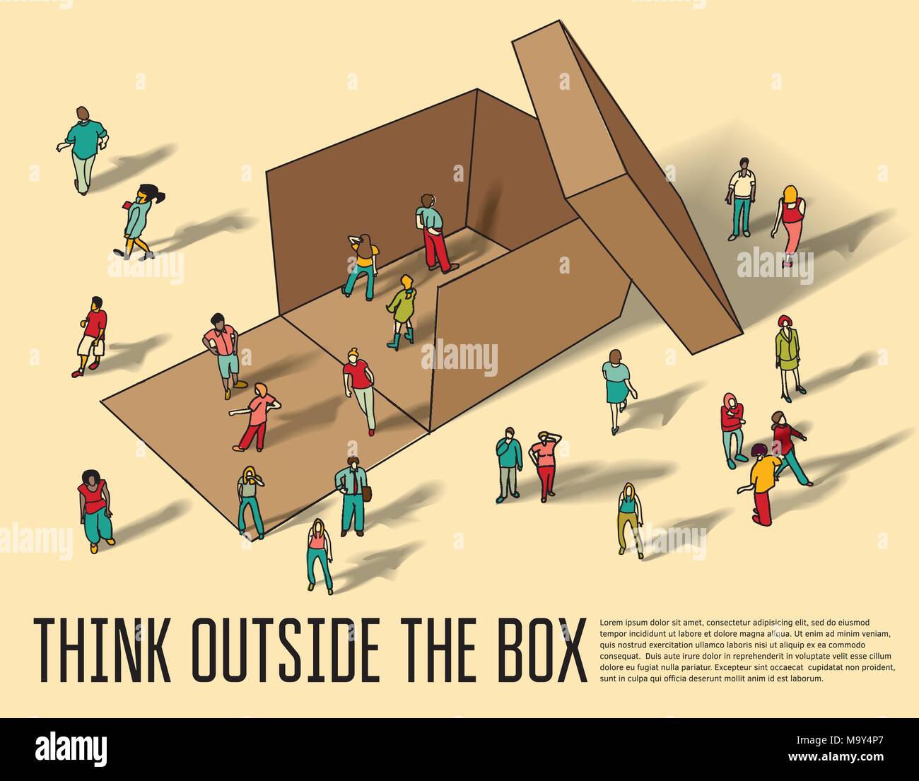 Isometrische Gruppe Geschäft Leute Denken außerhalb der Box. Stock Vektor