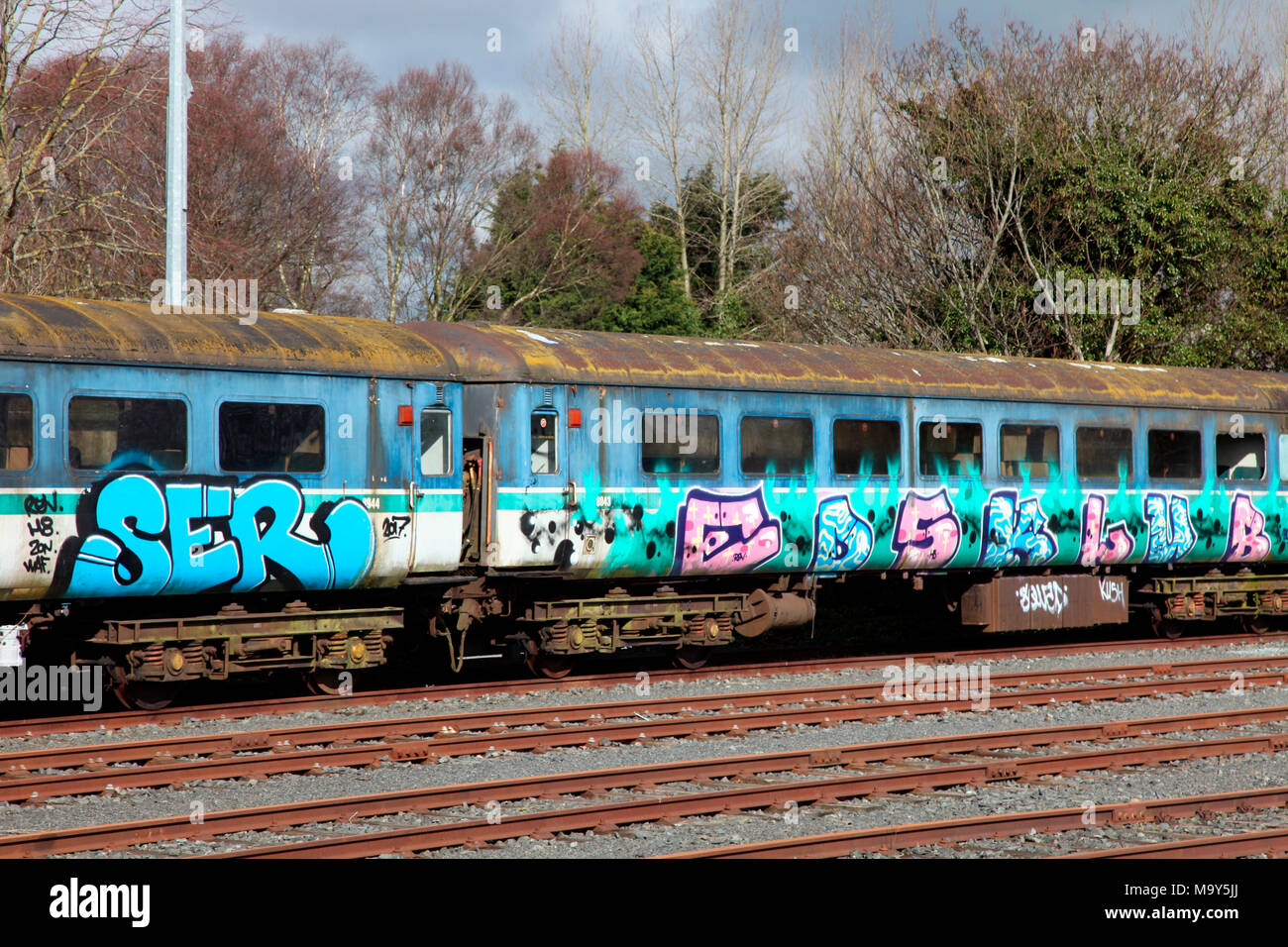 Graffiti auf einem Stillgelegten railwat Schlitten, Dundalk Clarke Railwat Station Stockfoto