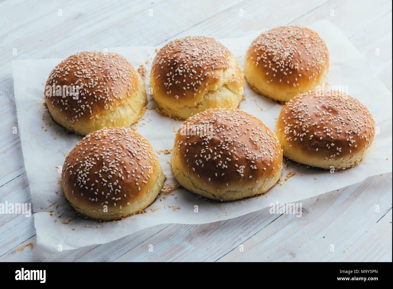 Hausgemachten burger Brötchen auf Pergament Stockfoto