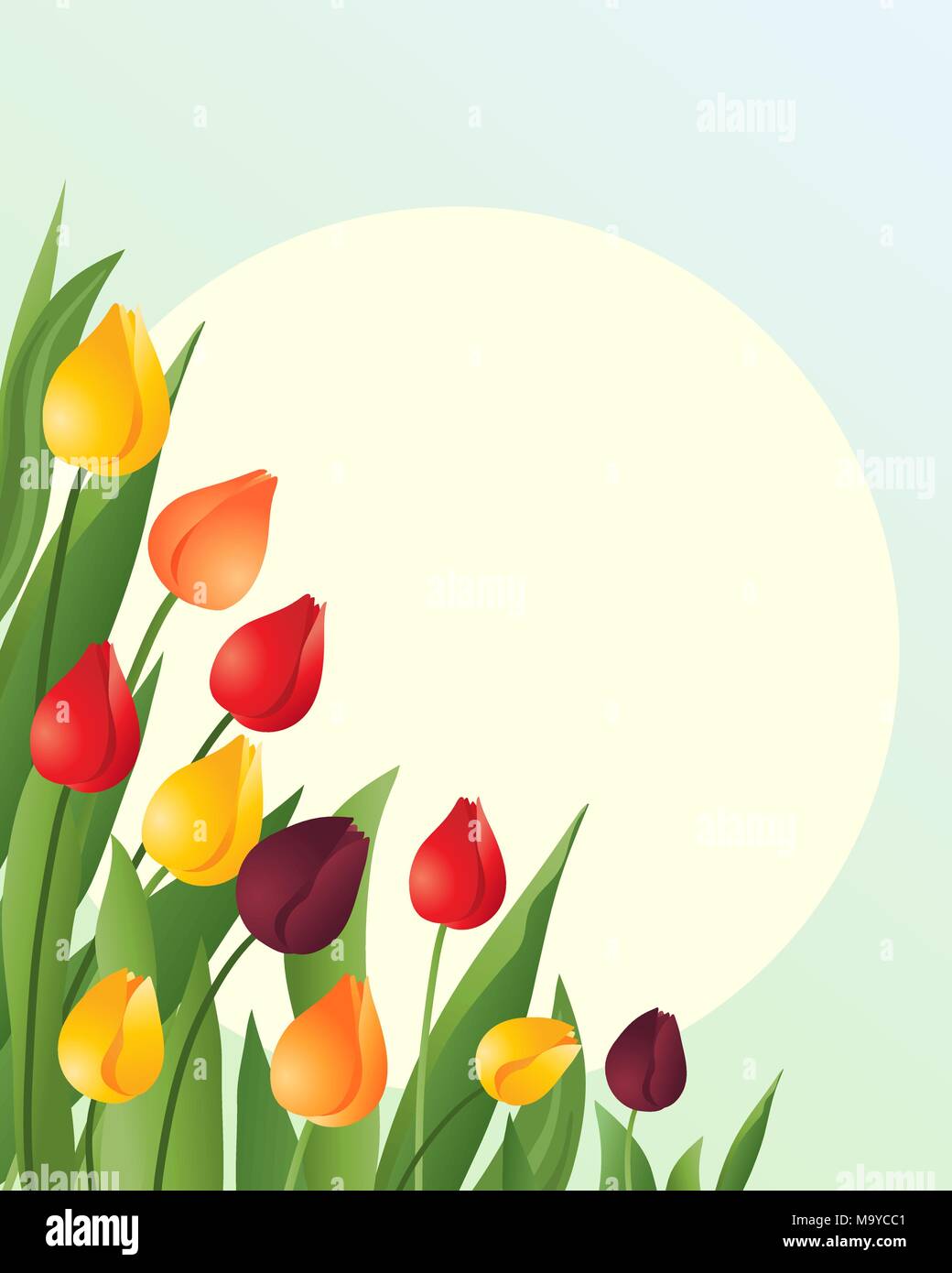 zur Veranschaulichung der roten, orangefarbenen und gelben Frühling Tulpen mit grünen Blättern auf einem blauen grünen Hintergrund mit eine große gelbe Sonne Stock Vektor