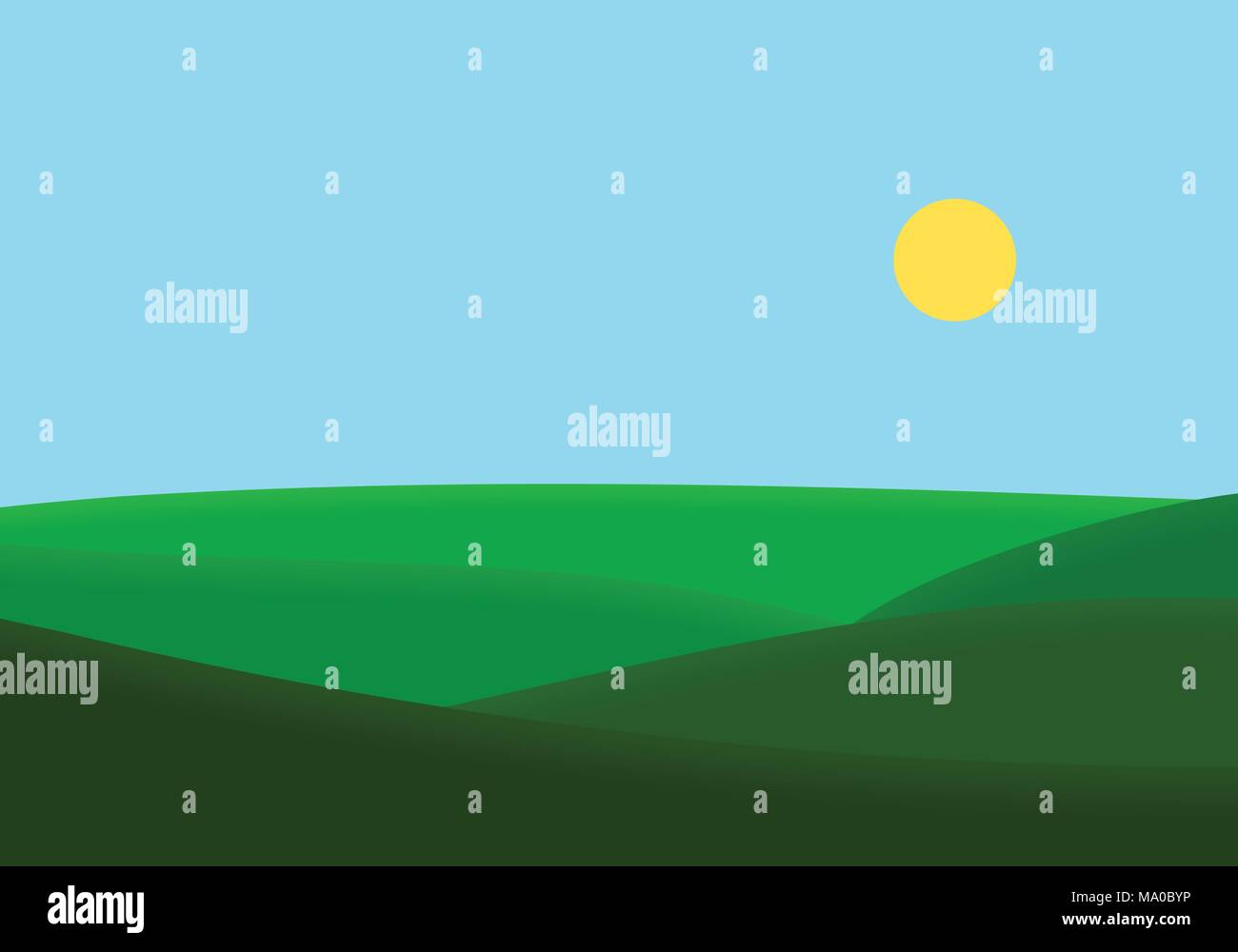 Flaches Design Abbildung: Landschaft mit Wiese und Hügel unter blauen Himmel mit Sonne-Vektor Stock Vektor