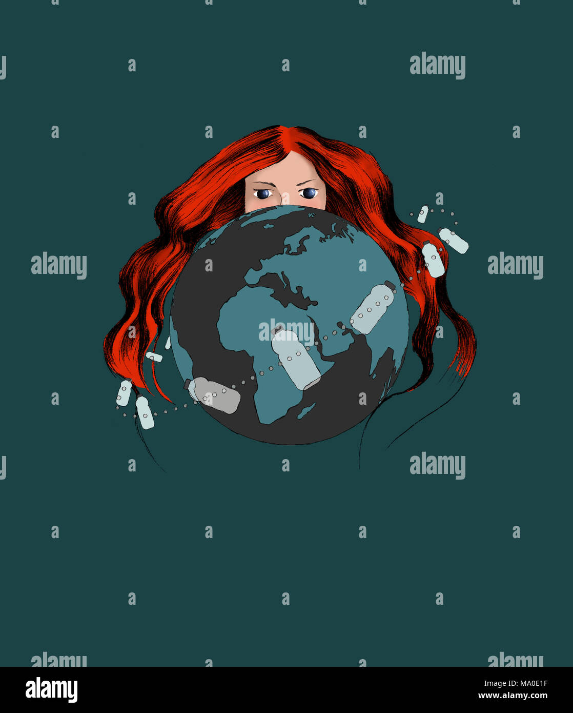 Poster mit ökologischen Thema: Kunststoff Umweltverschmutzung. Rothaarige Frau, die die Mutter Erde versteckt sich hinter den Planeten Erde. Stockfoto