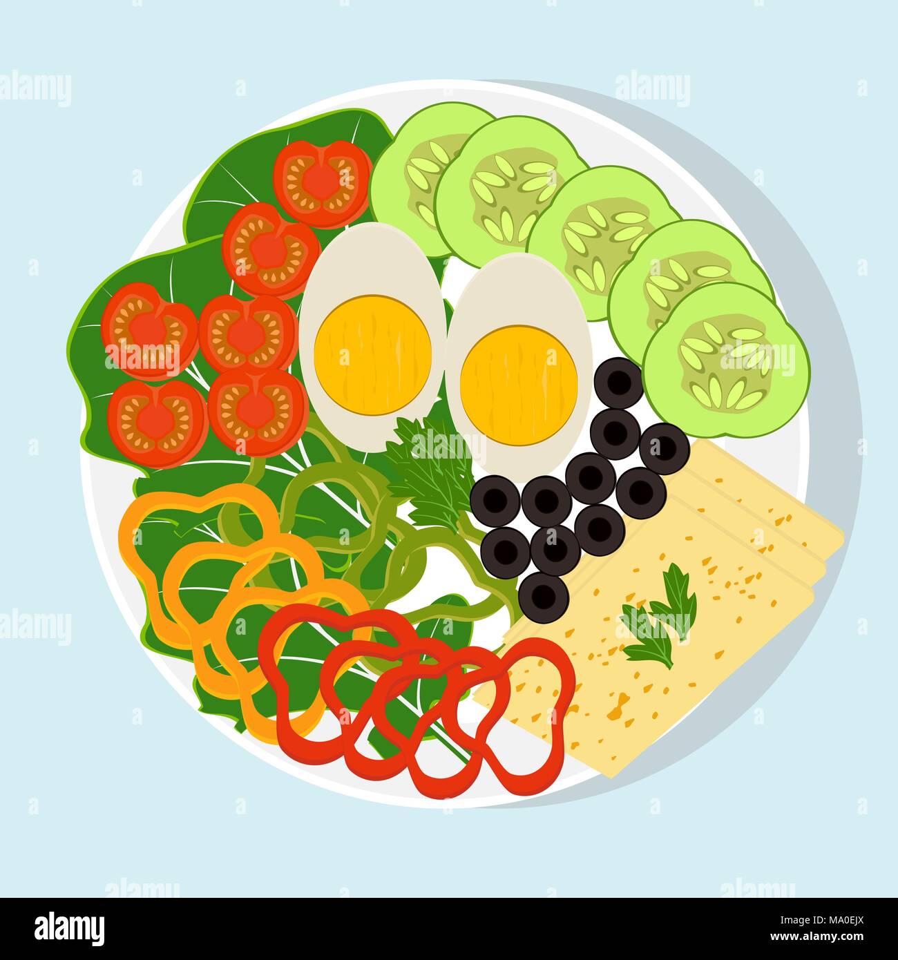 Weiße Platte mit in Scheiben geschnittenen Gemüse, gekochtem Ei und Käse. Tomaten, Gurken, Paprika, Oliven, Salat, Grüns. Gesundheit Lebensmittel, vegetarische Produkte Vec Stock Vektor