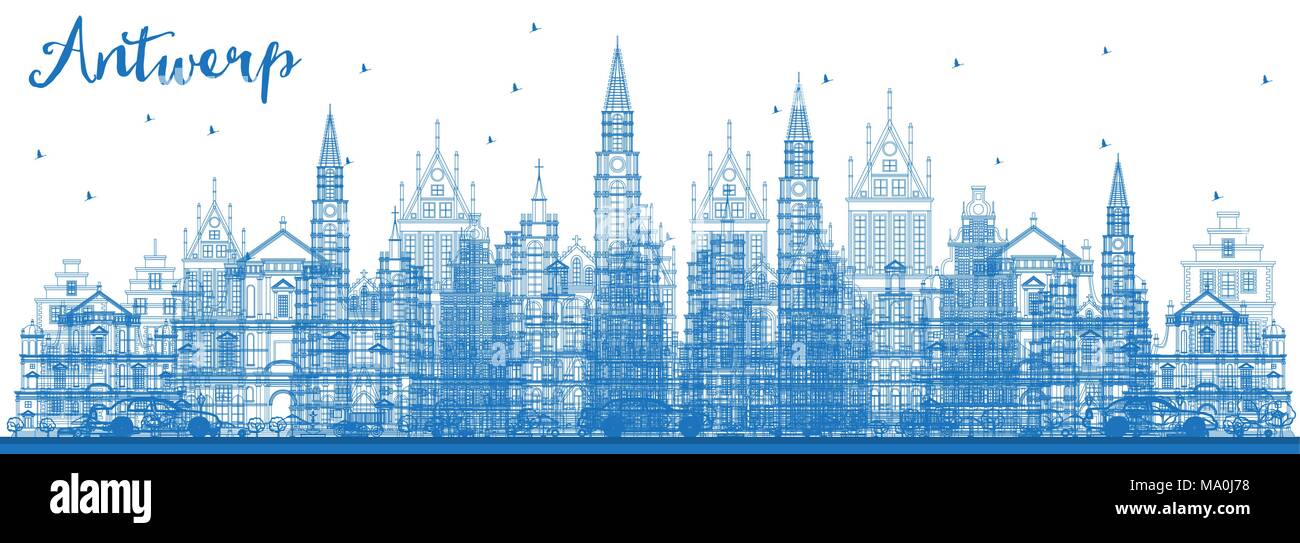Überblick Antwerpen Belgien Skyline der Stadt mit blauen Gebäude. Vector Illustration. Business Travel und Tourismus Konzept mit historischer Architektur. Belgien Stock Vektor