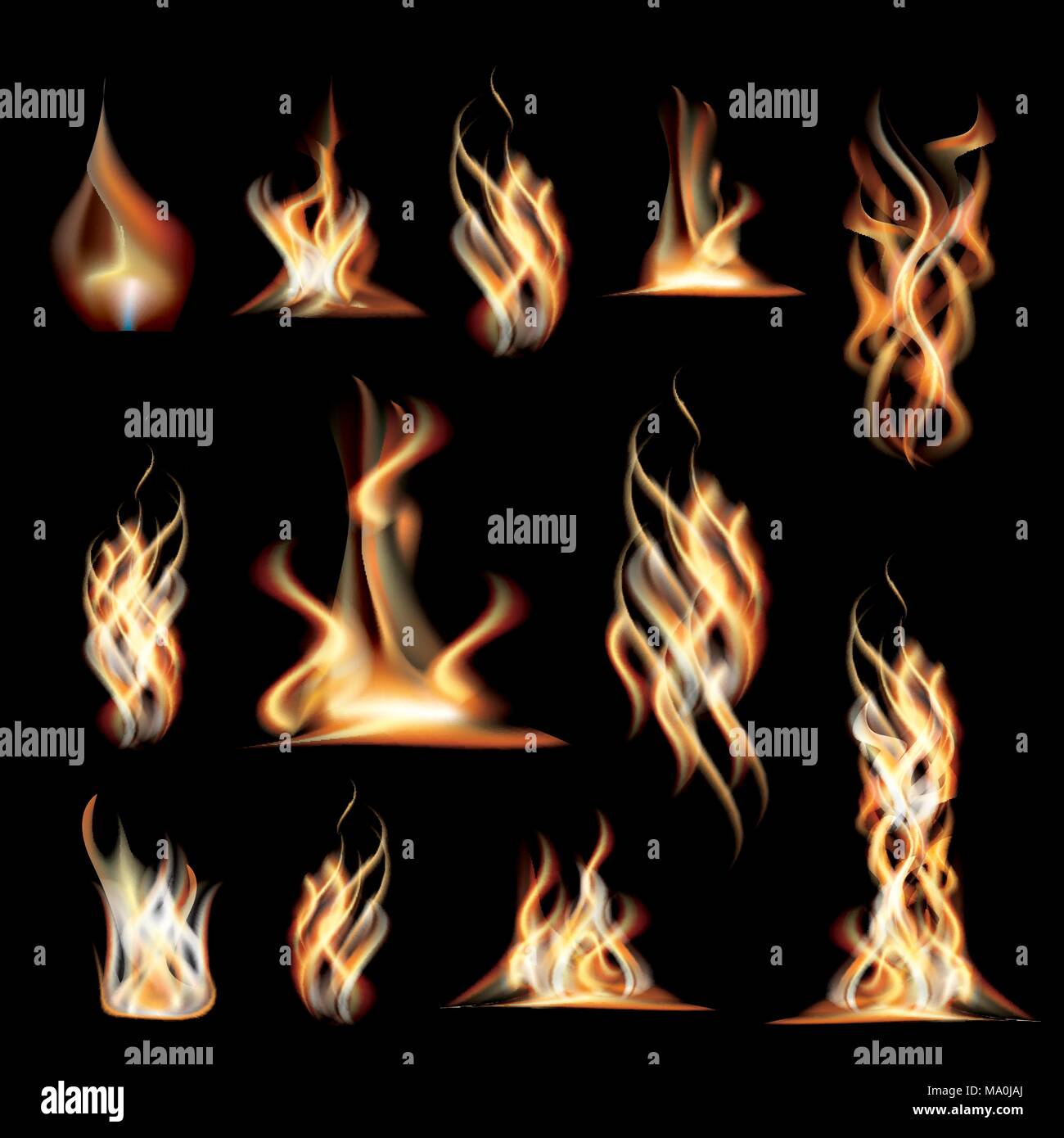 Realistische brennende Feuer Flammen gesetzt. Vektor-Illustration. Stock Vektor