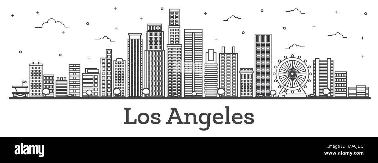 Überblick Los Angeles Skyline der Stadt mit modernen Gebäuden isoliert auf Weiss. Vector Illustration. Los Angeles Stadtbild mit Sehenswürdigkeiten. Stock Vektor