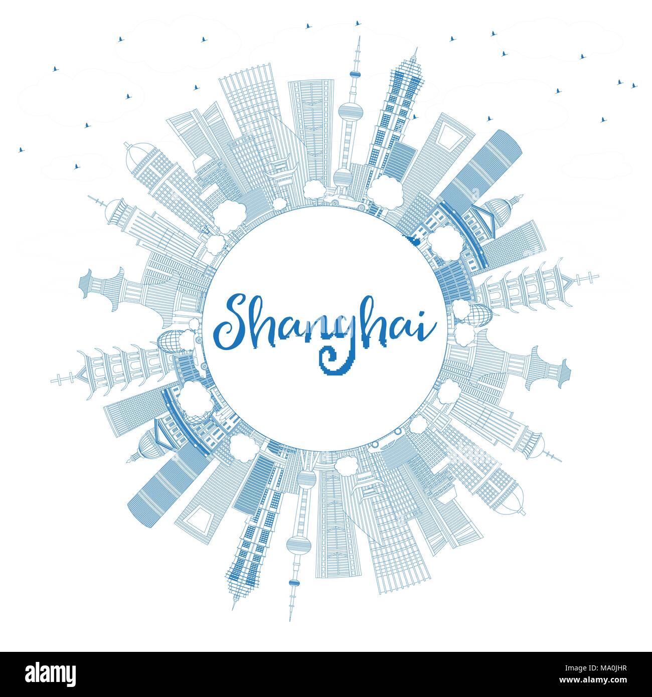 Übersicht Shanghai China City Skyline mit blauen Gebäude und Kopieren. Vector Illustration. Business Travel und Tourismus Konzept Stock Vektor