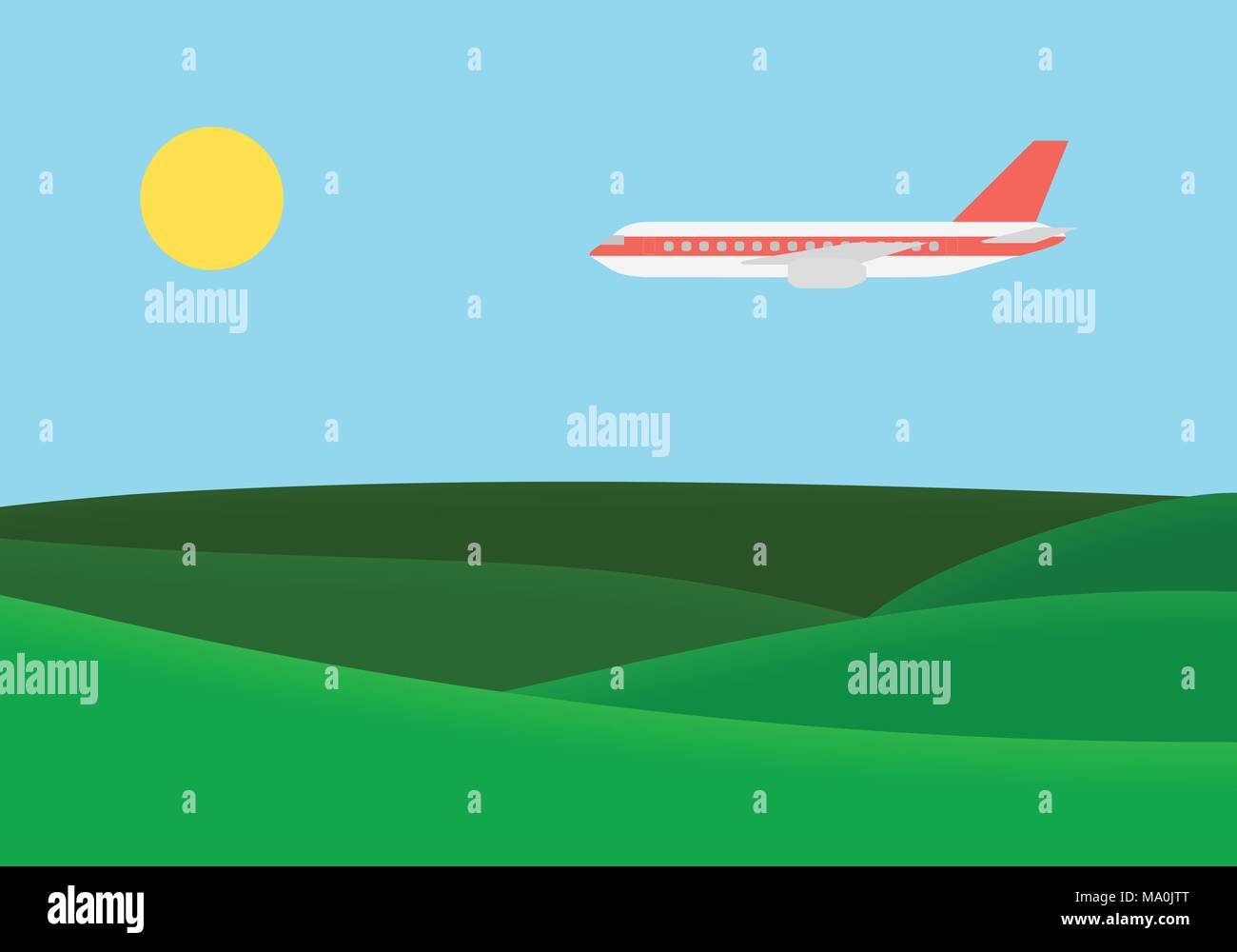 Grüne Landschaft mit grünen Hügeln und fliegende Flugzeug auf blauen Himmel mit Sonne-Vektor für die Werbung auf Urlaub und Reisen geeignet Stock Vektor