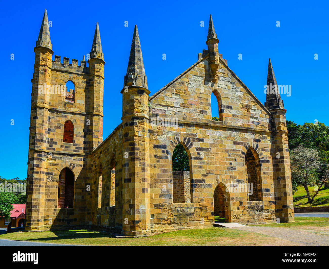 Port Arthur, Tasmanien, Australien - Der Verurteilte Kirche. Im Jahr 1837 abgeschlossen, diese Kirche ist ein dauerhafter Tribut zu überführen. Stockfoto