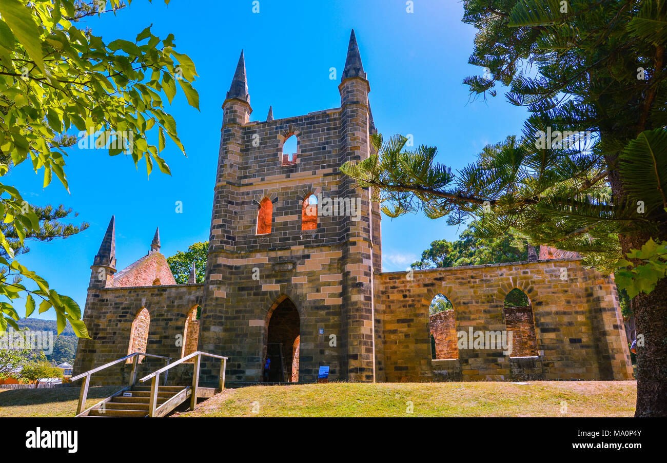 Port Arthur, Tasmanien, Australien - Der Verurteilte Kirche. Im Jahr 1837 abgeschlossen, diese Kirche ist ein dauerhafter Tribut zu überführen. Stockfoto