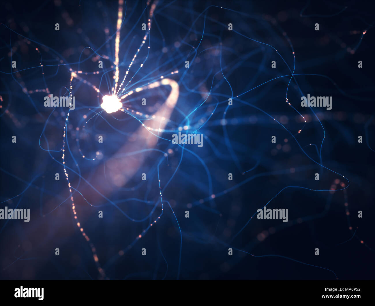 3D Darstellung der vernetzten Neuronen mit elektrischen Impulsen. Stockfoto