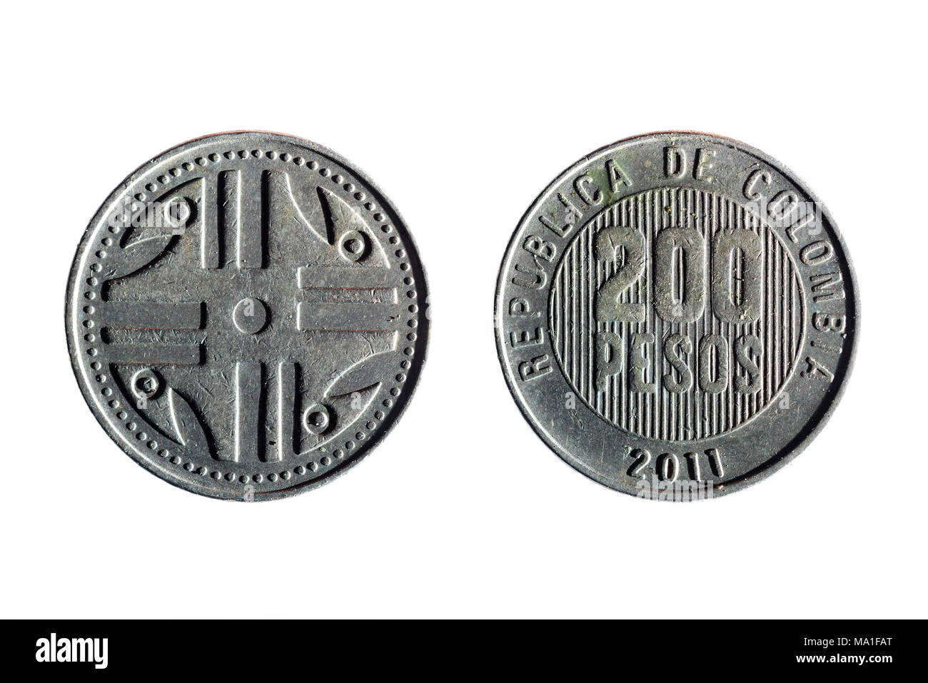 Vorder- und Rückseite eines kolumbianischen Währung von 200 Pesos auf weißem Hintergrund Stockfoto