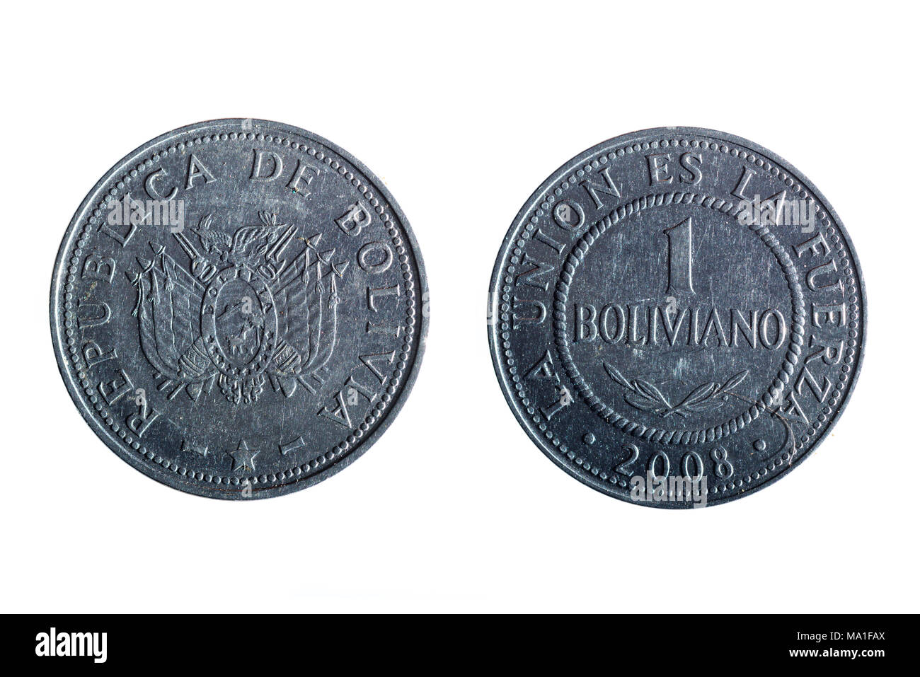 Vorder- und Rückseite einer bolivianischen peso Münze auf weißem Hintergrund Stockfoto