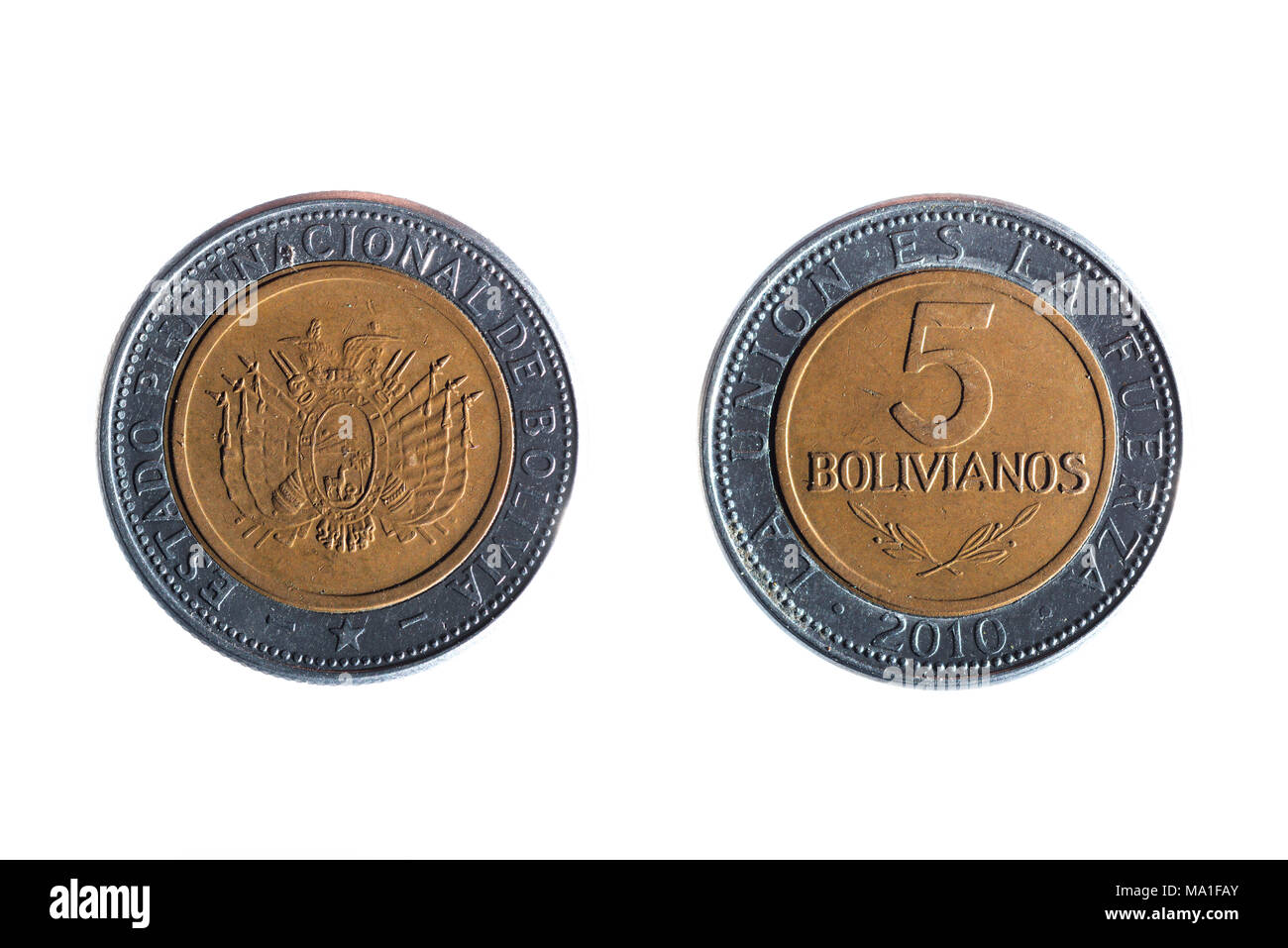 Vorder- und Rückseite einer bolivianischen fünf peso Münze auf weißem Hintergrund Stockfoto