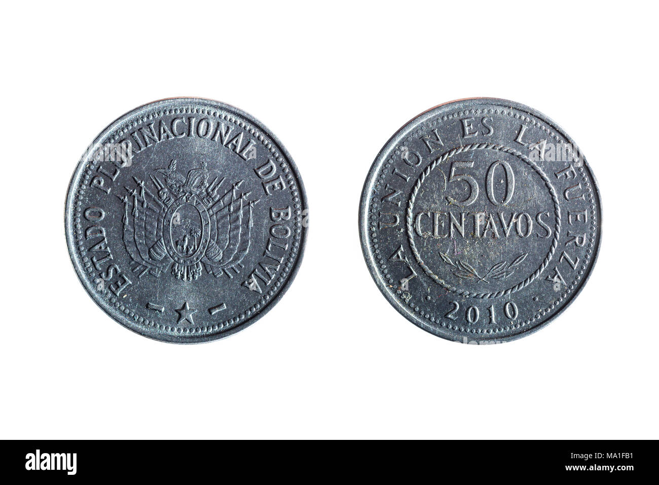 Vorder- und Rückseite von fünfzig Cent bolivianischen Münze auf weißem Hintergrund Stockfoto