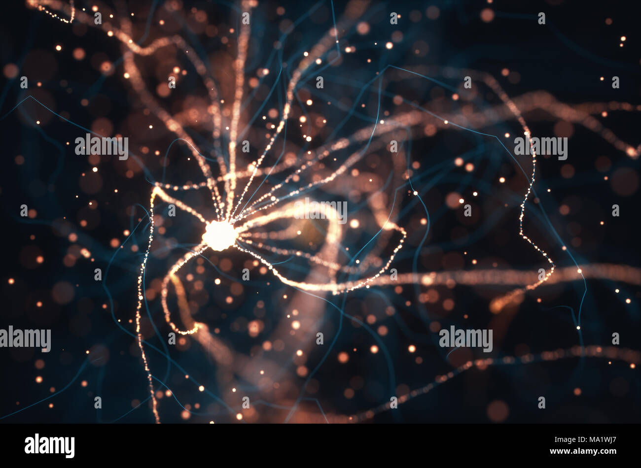 3D Darstellung der vernetzten Neuronen mit elektrischen Impulsen. Stockfoto