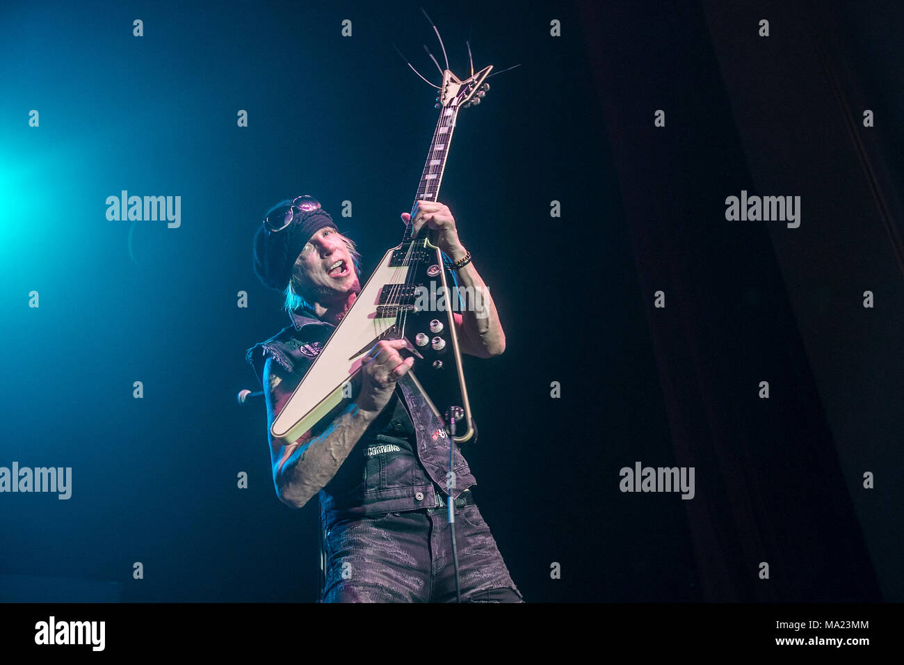 Michael Schenker führt am 24. März 2018 in der City National Civic in San Jose, Kalifornien. Stockfoto