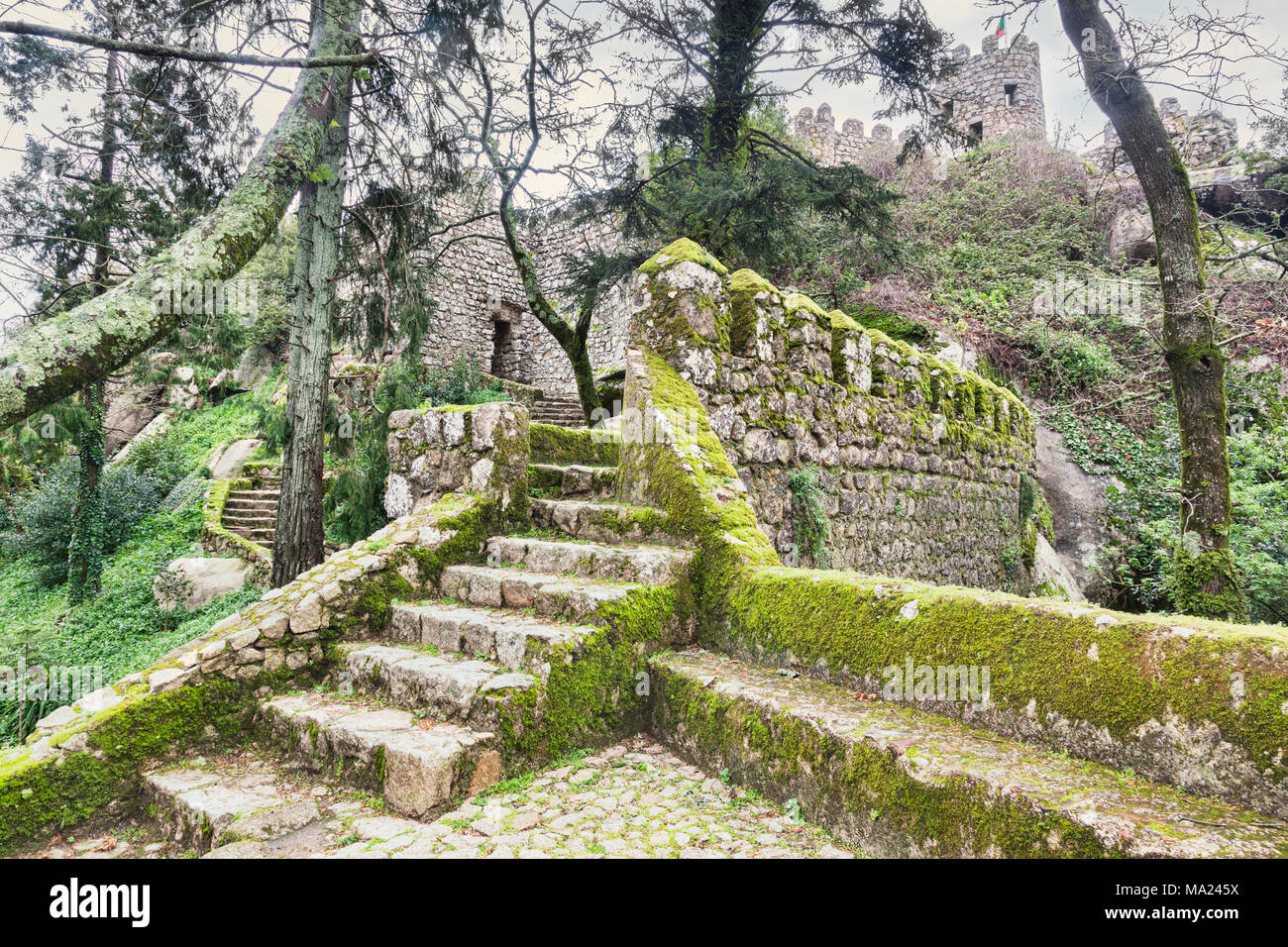 3. März 2018: Sintra, Portugal - Moody Shot der maurischen Burg im Frühjahr. Stockfoto