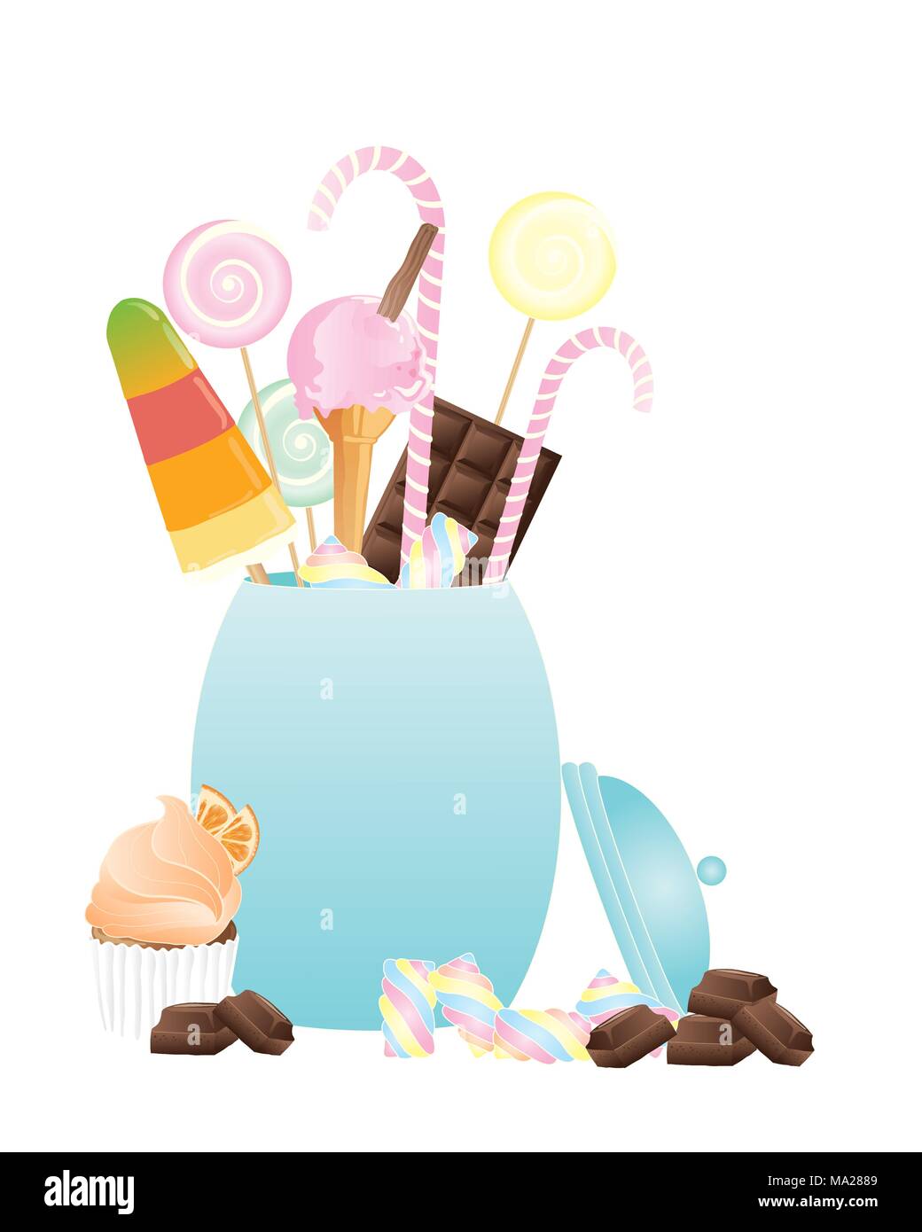 zur Veranschaulichung der Kanope Keramik Süßigkeiten mit Lollies Cupcake Schokolade und Zuckerstangen auf weißem Hintergrund Stock Vektor