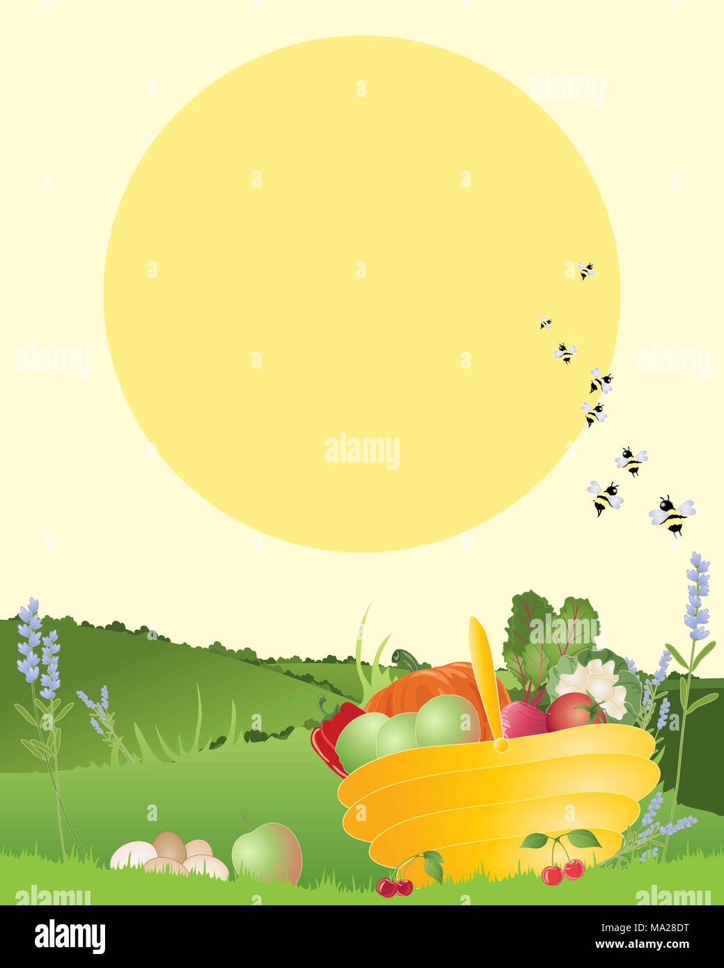 Ein Beispiel für einen Korb von selbst angebauten Obst und Gemüse in einer wunderschönen Landschaft mit einem großen gelben Sonne im Sommer Stock Vektor
