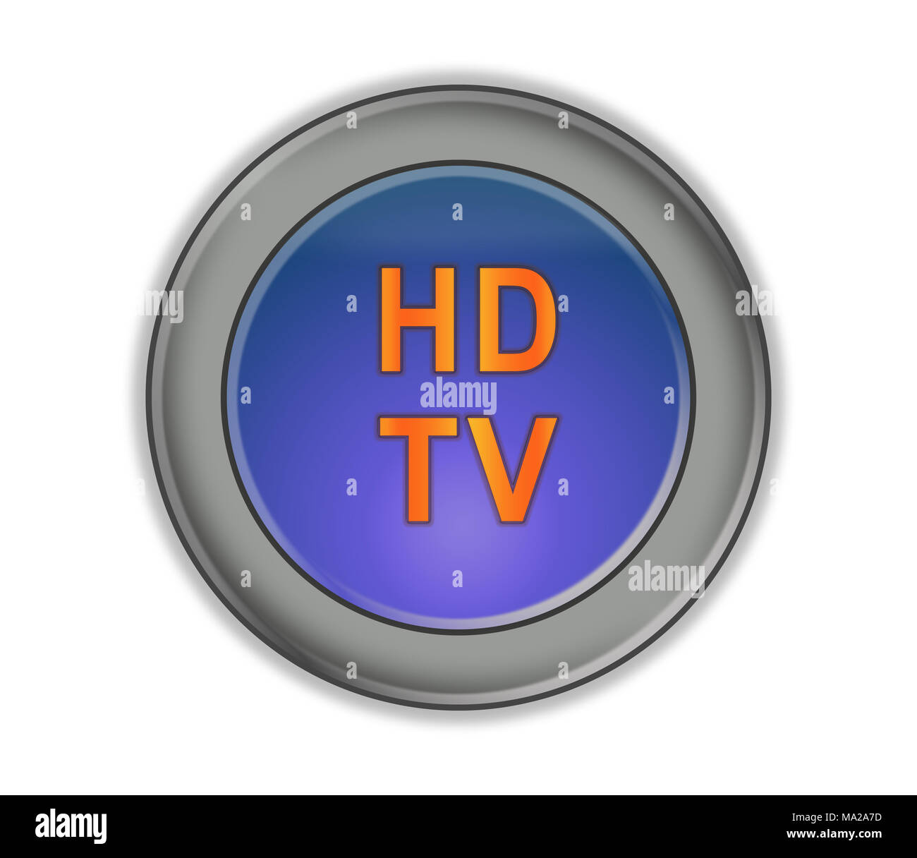 Runde drei-dimensionale Taste mit Blau und Orange Aufschrift "HD TV", weißer Hintergrund Stockfoto
