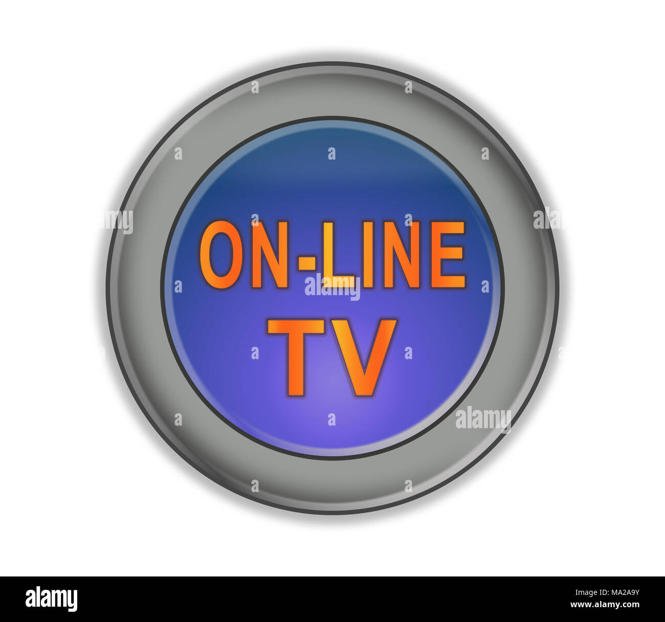 Runde drei-dimensionale Taste mit Blau und Orange Aufschrift 'ON-LINE-TV', weisser Hintergrund Stockfoto