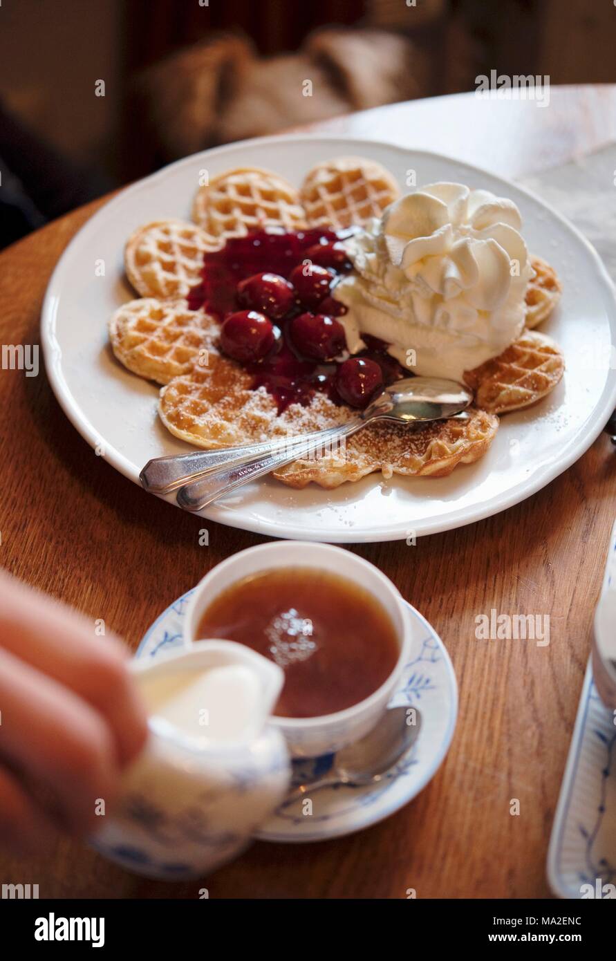 Waffeln mit Kirschen, heiß und Creme im Cafe Teetied auf der Insel Spiekeroog Stockfoto