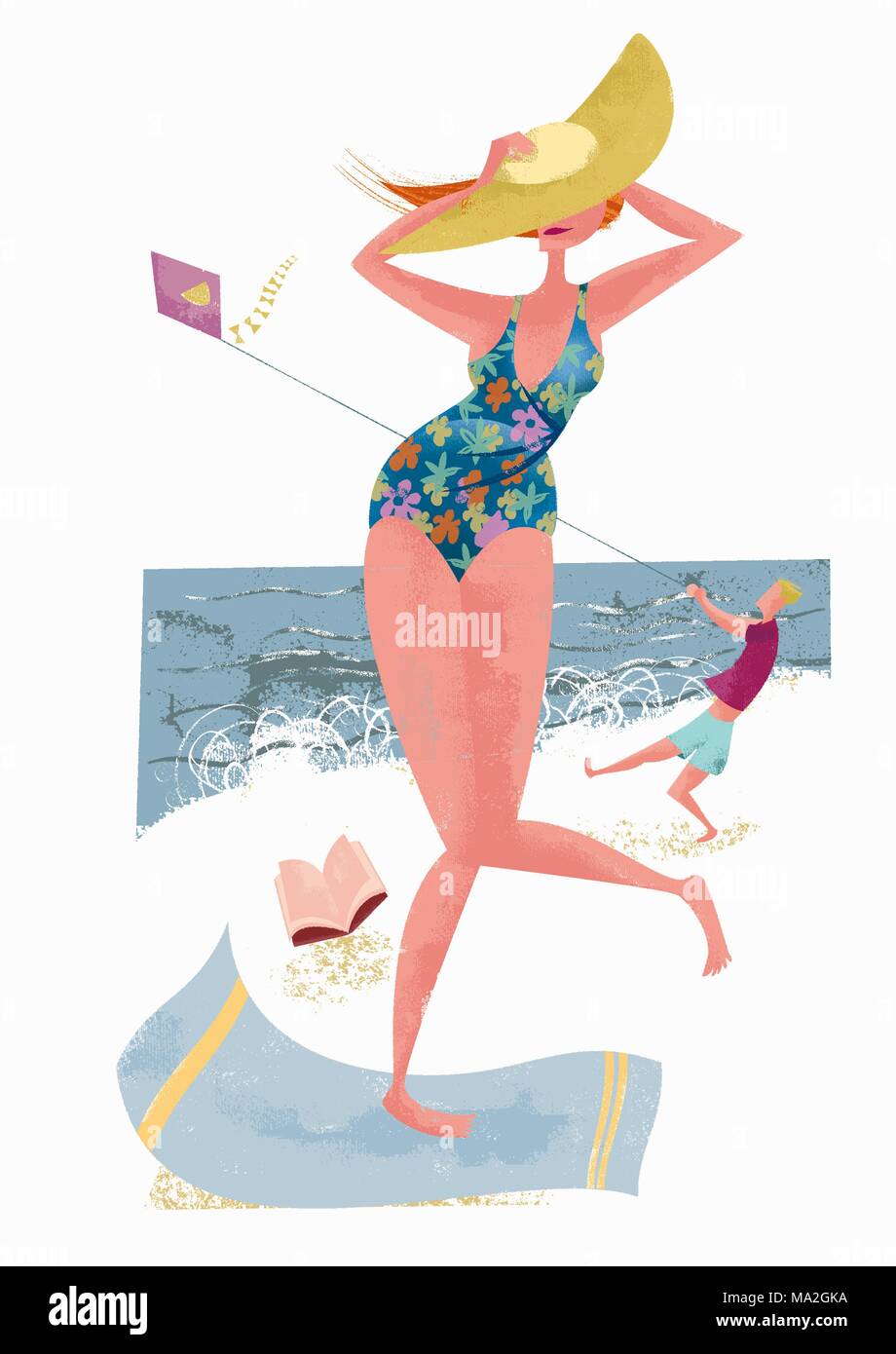 Eine Frau auf einem Strand halten auf ihren Hut im Wind (Abbildung) Stockfoto