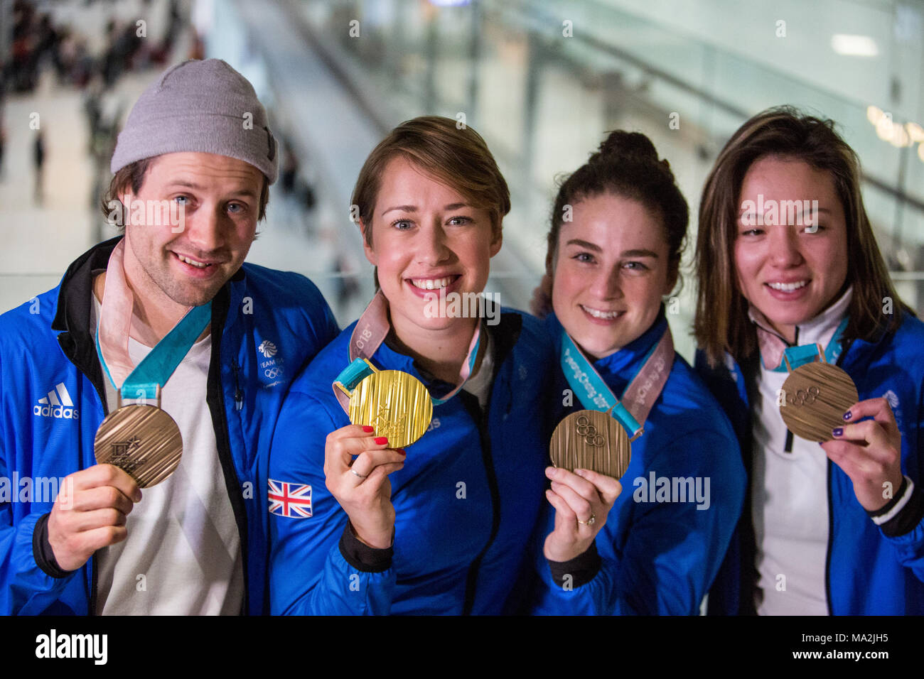 Die British Olympic Association (BOA) Willkommen Athleten aus dem PyeongChang 2018 Olympic Winter Games in Korea. Mit: Billy Morgan, Lizzy Yarnold, Laura Deas, Izzy Atkin Wo: London, England, Vereinigtes Königreich, wenn: 26 Feb 2018 Credit: Wheatley/WANN Stockfoto