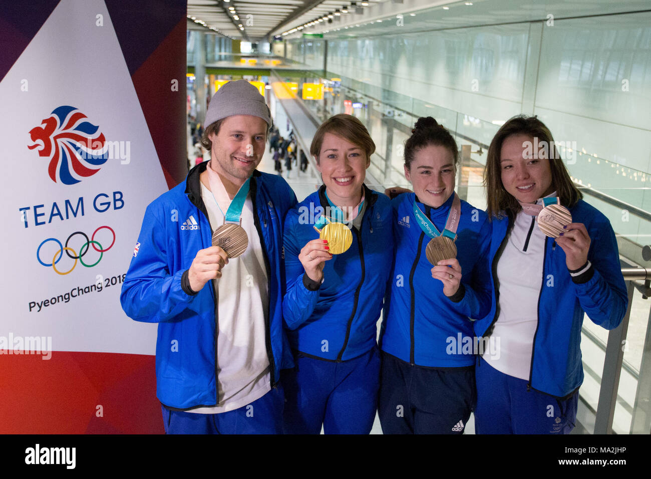 Die British Olympic Association (BOA) Willkommen Athleten aus dem PyeongChang 2018 Olympic Winter Games in Korea. Mit: Billy Morgan, Lizzy Yarnold, Laura Deas, Izzy Atkin Wo: London, England, Vereinigtes Königreich, wenn: 26 Feb 2018 Credit: Wheatley/WANN Stockfoto