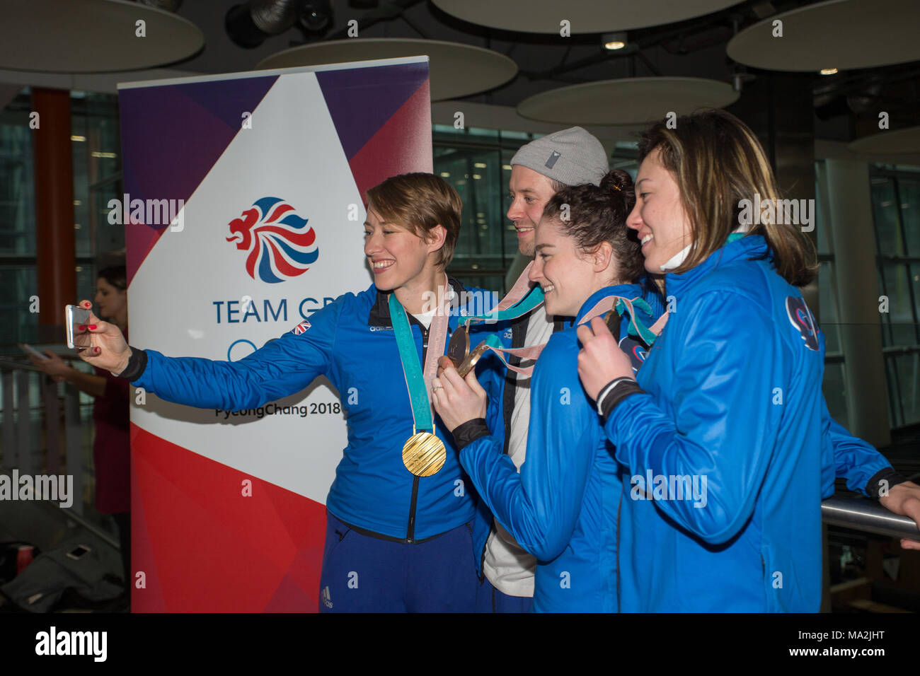 Die British Olympic Association (BOA) Willkommen Athleten aus dem PyeongChang 2018 Olympic Winter Games in Korea. Mit: Lizzy Yarnold, Billy Morgan, Laura Deas, Izzy Atkin Wo: London, England, Vereinigtes Königreich, wenn: 26 Feb 2018 Credit: Wheatley/WANN Stockfoto