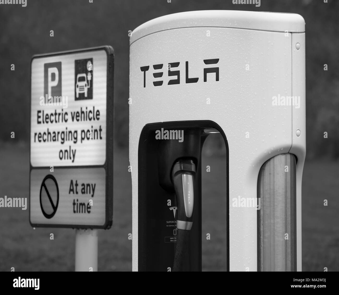 Elektroauto Ladestationen an der Warwick Service Station auf der Autobahn M40 in Warwickshire Stockfoto