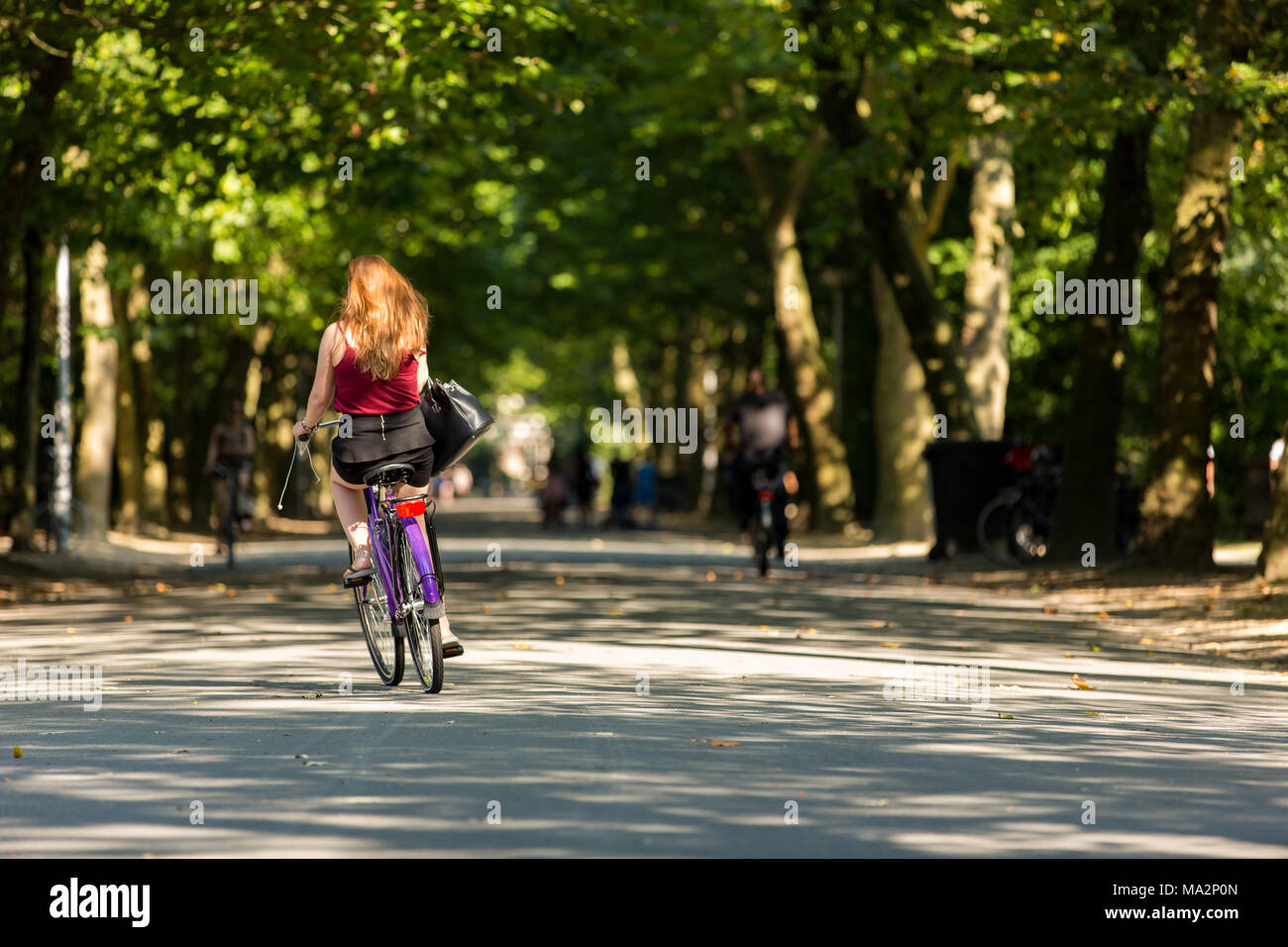 Ein Mädchen, das Radfahren in den Vondelpark in Amsterdam in den Niederlanden. Stockfoto