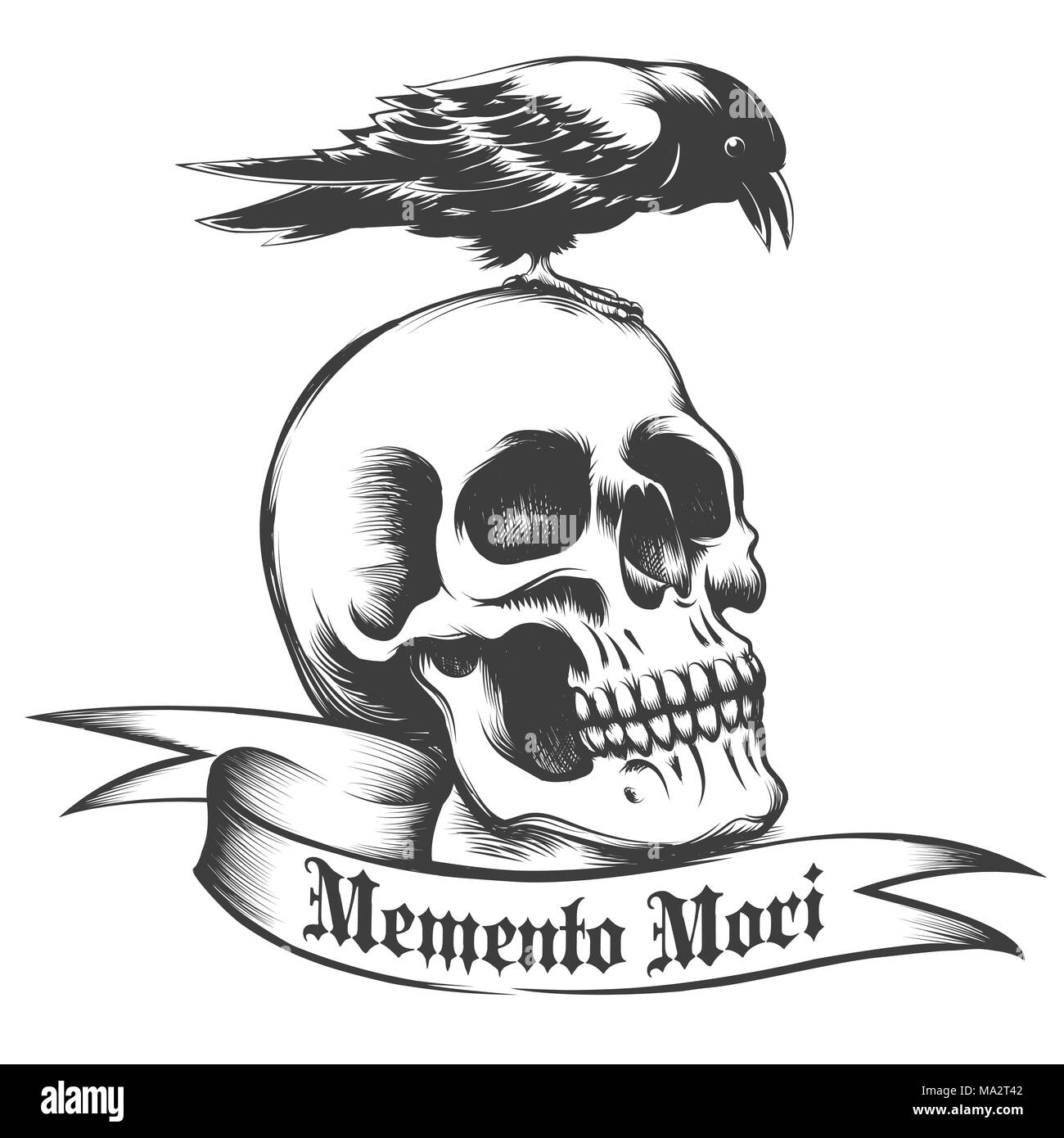 Hand Crow gezeichnet, die auf menschlichen Schädel und Band mit lateinischen Wortlaut Memento Mori, was es bedeutet, daran erinnern, was Sie haben, zu sterben auf Weiß isoliert. Vektor Stock Vektor