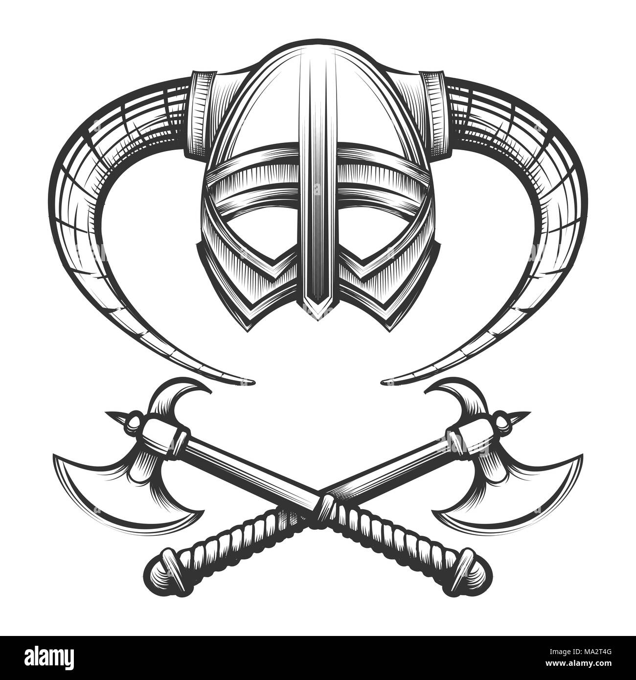 Wikinger Helm mit Hörnern und gekreuzten Viking Achsen in Gravur Stil gezeichnet. Vector Illustration Stock Vektor
