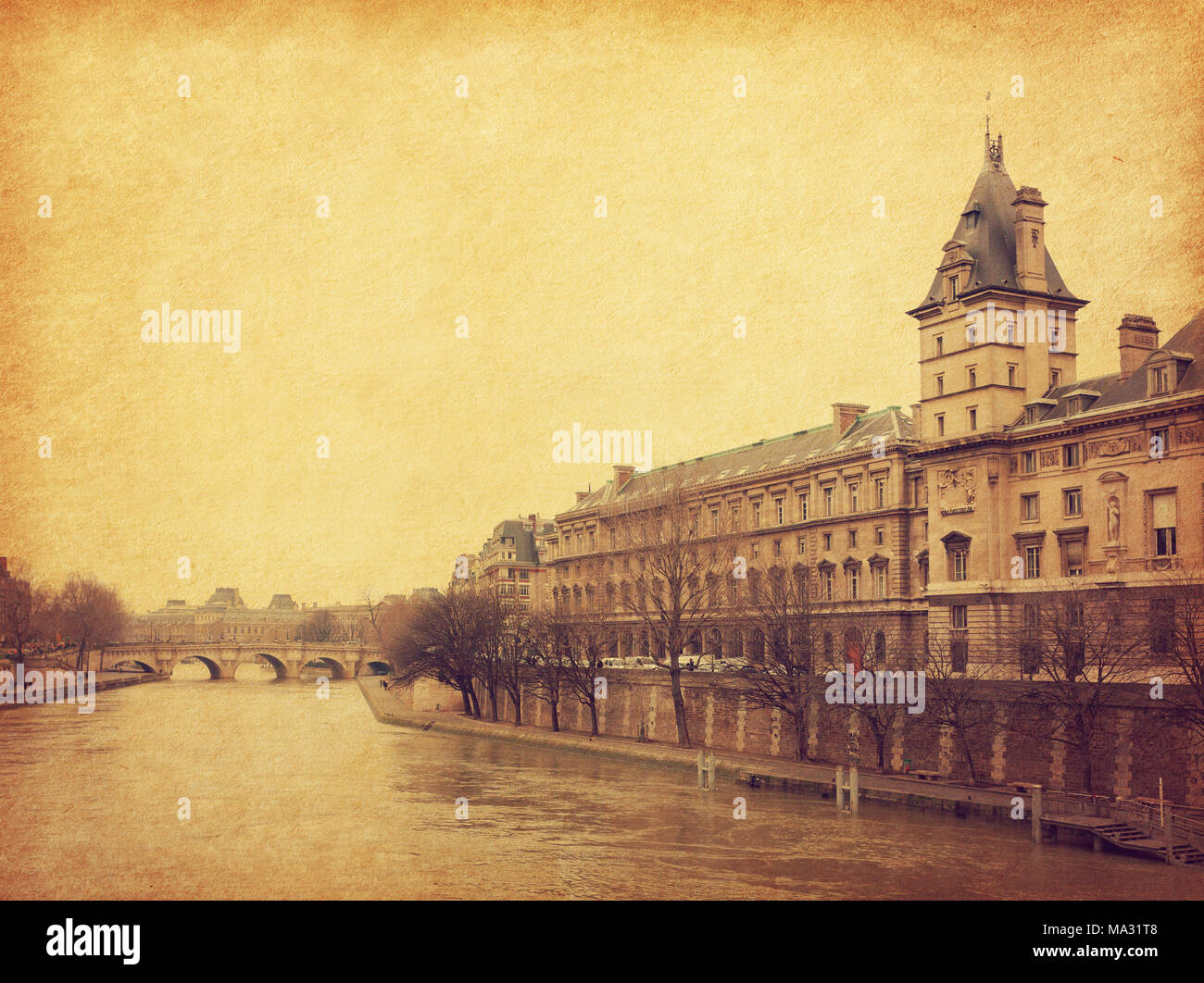 Der Seine in der Nähe des Pont Neuf, Paris, Frankreich. Foto im Retro-Stil. Hinzugefügt Papier Textur. Getonten Bild Stockfoto