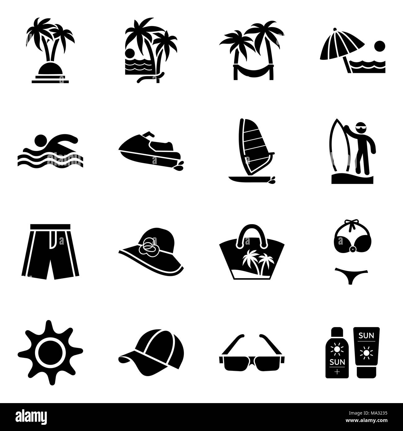 Strand Sommer Symbol gesetzt. Reisen, Tourismus und Urlaub Symbol vektor Illustration. Stock Vektor