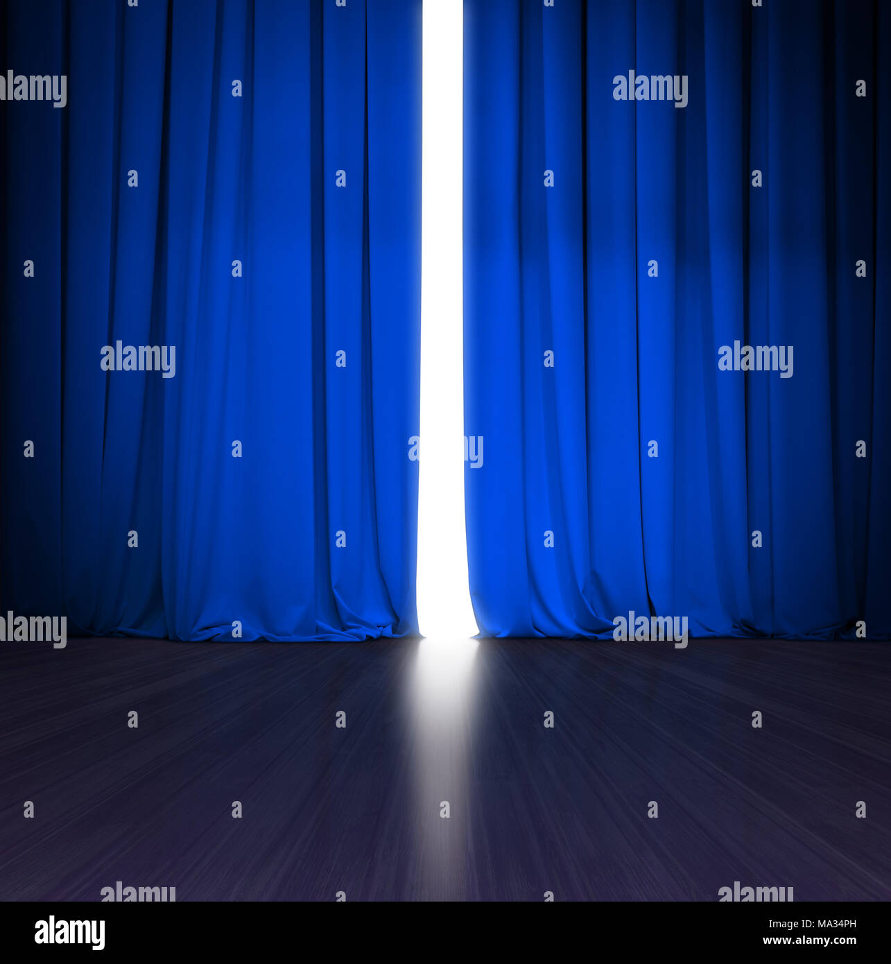 Theater blauen Vorhang leicht öffnen mit hellem Licht hinter und Holz Stufe Stockfoto