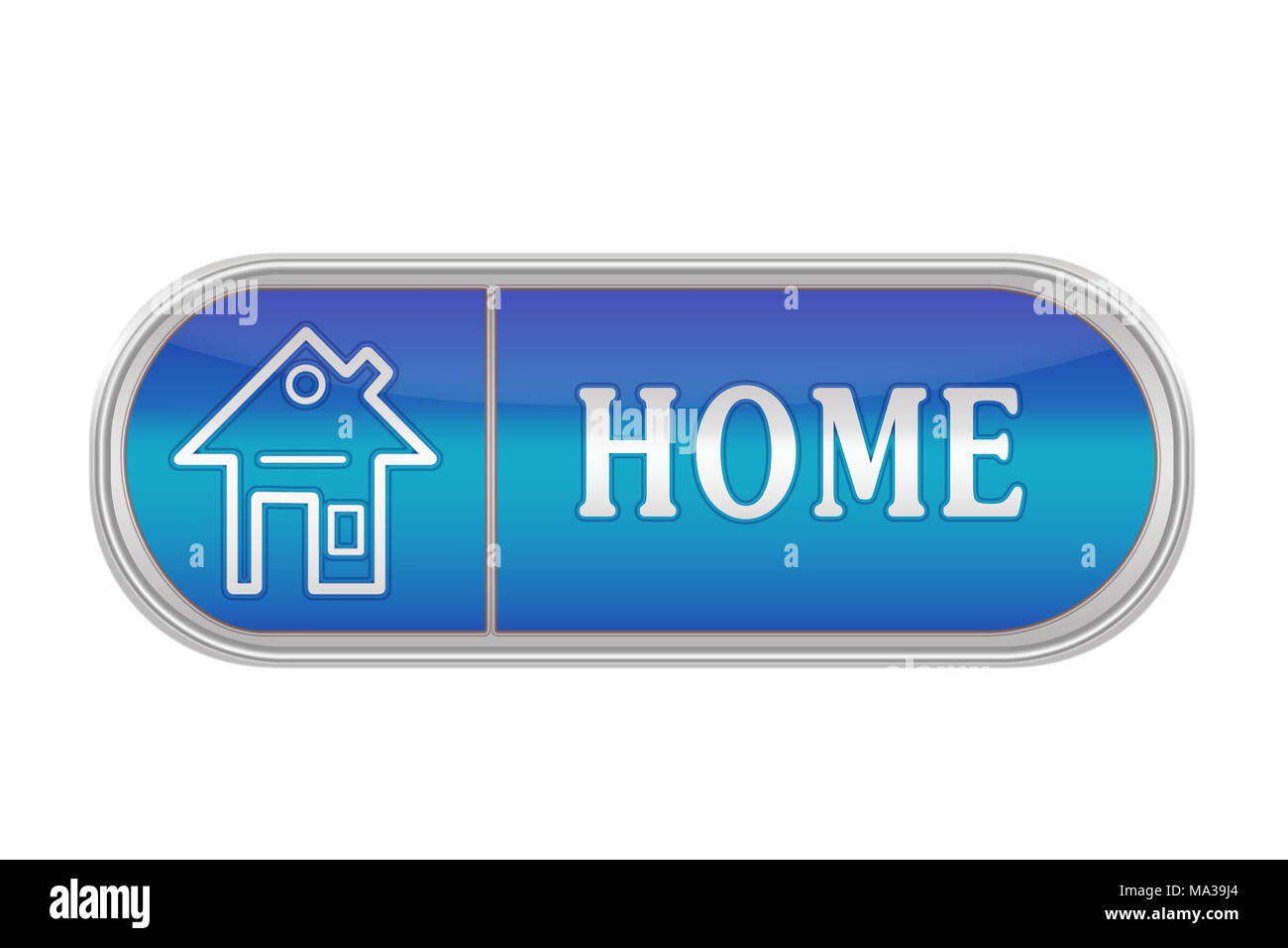 Längliche lautstärketaste von blauer Farbe mit dem Symbol und dem Schriftzug 'HOME', weisser Hintergrund Stockfoto