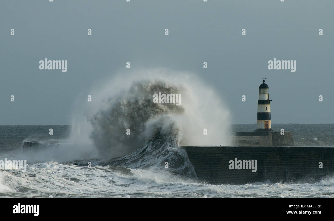 Riesige Wellen von der Nordsee trafen und stürzen über den Pier und Leuchtturm in Seaham im County Durham ab Stockfoto