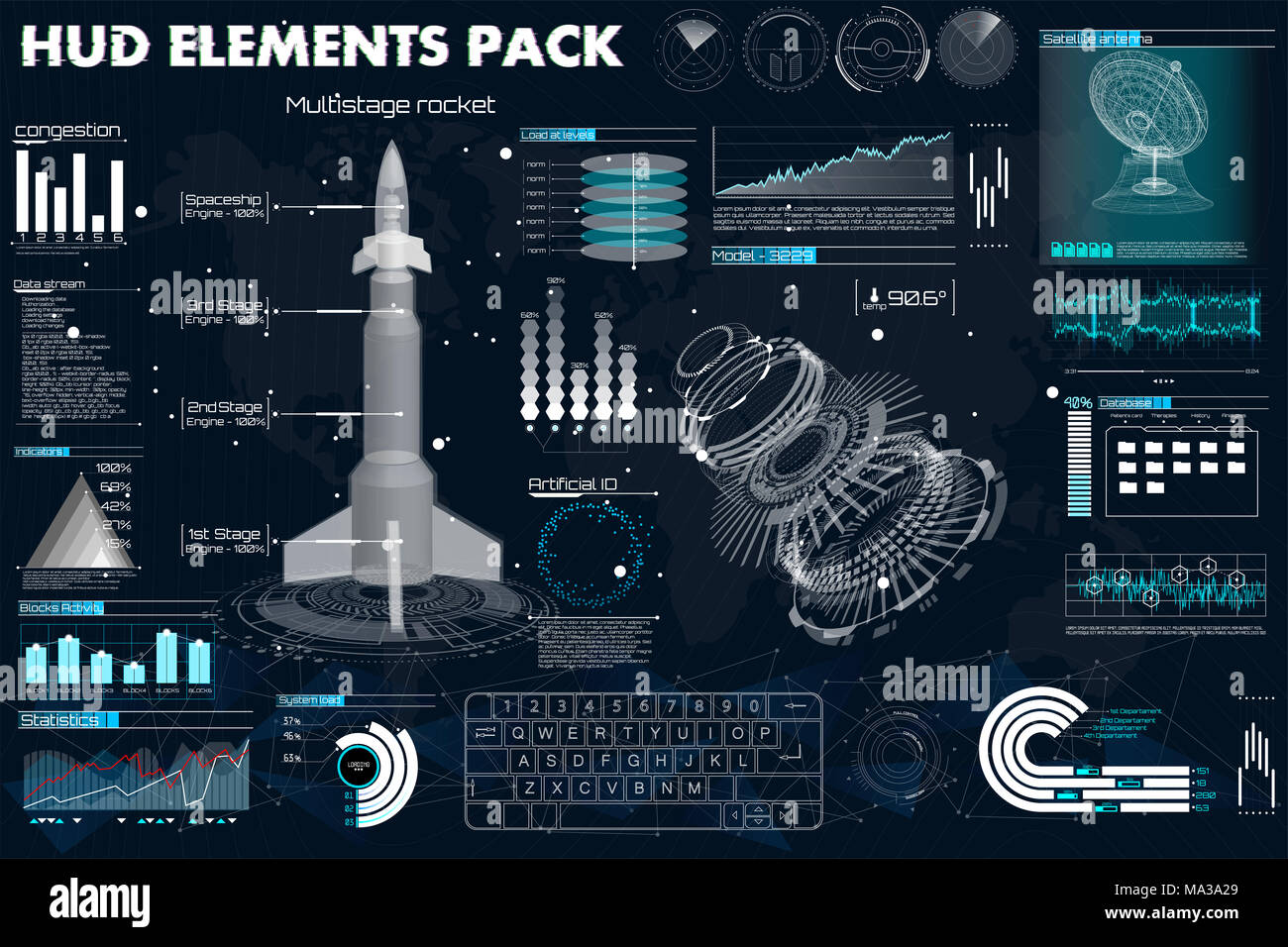 Weltraum Raketen, Instrumententafel, Grafiken, Radar, Raum, Teller, Sensoren, 3d-Raumschiff, im HUD Stil. Vorlage UI für App und virtuelle Realität Stockfoto