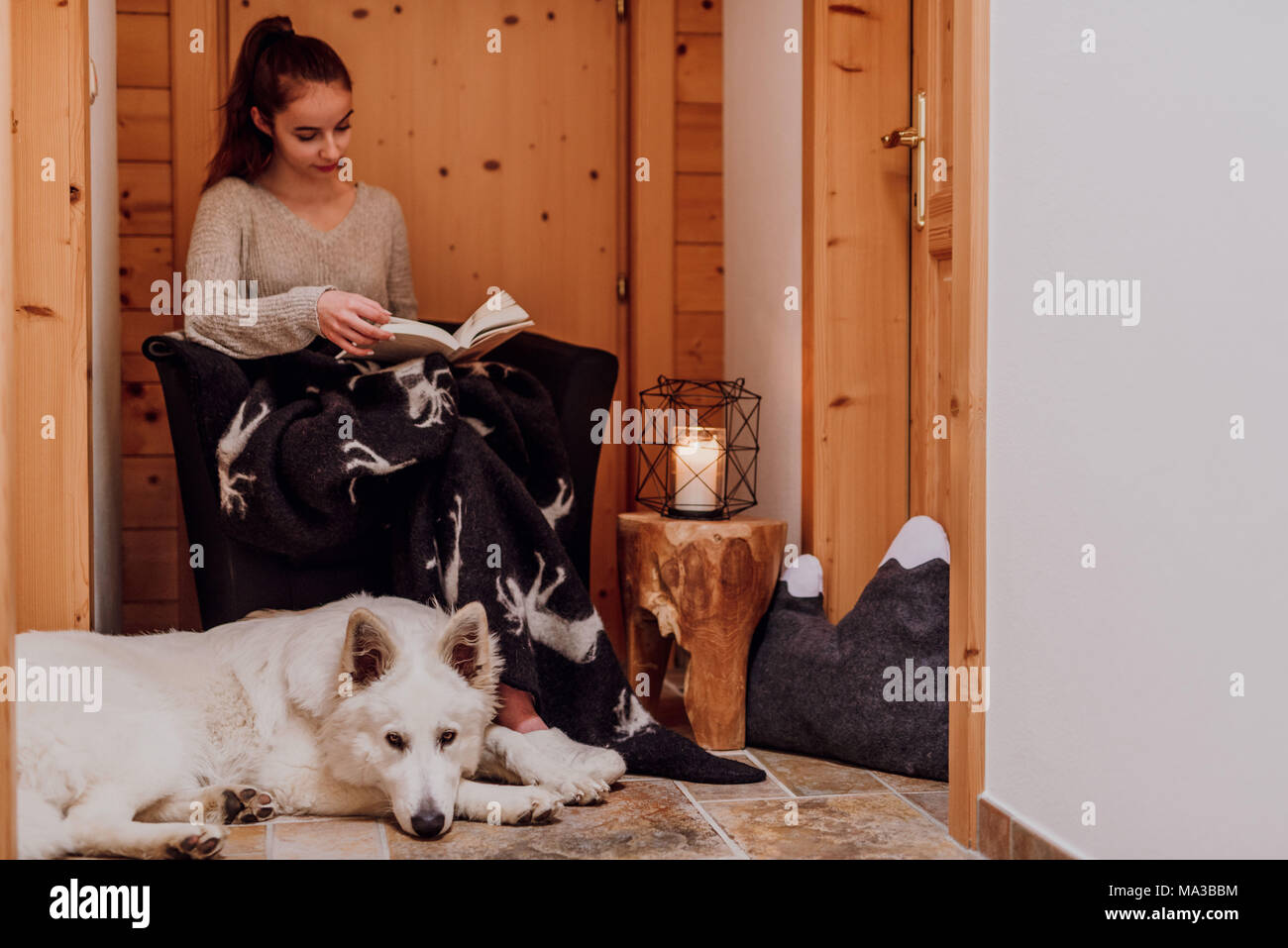 Junge Frau in eine Decke gewickelt, ein Buch lesen, Schäferhund liegt neben Ihr Stockfoto