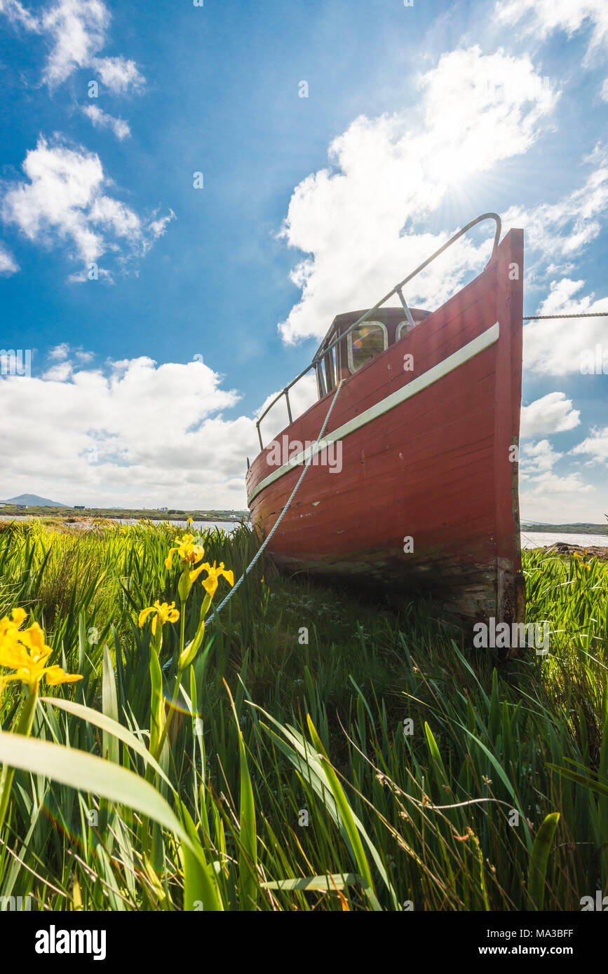 Holz- Fischerboot in Roundstone. Galway, Provinz Connacht, Irland. Stockfoto