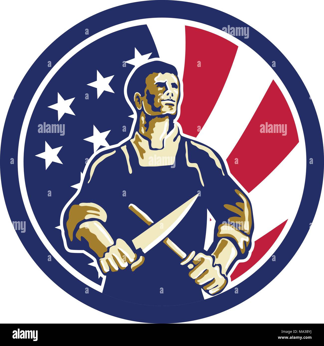 Symbol Retro Stil Abbildung eines amerikanischen Metzger Schärfen der Messer von vorne gesehen mit den Vereinigten Staaten von Amerika USA Star Spangled Banner oder sta Stock Vektor