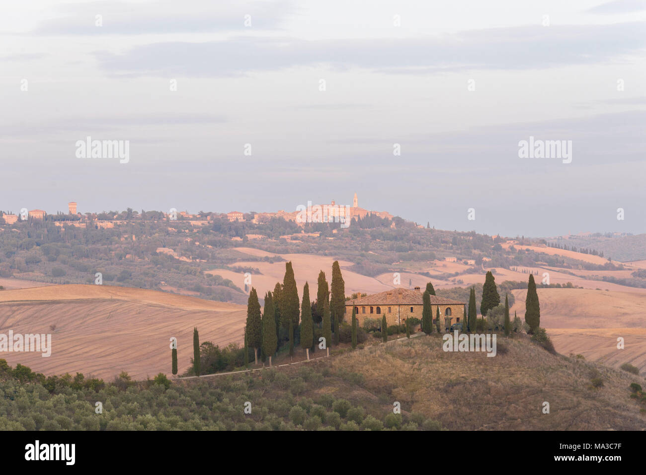 San Quirico d'Orcia, in der Provinz von Siena, Val d'Orcia, Toskana, Italien, Europa. Blick auf Podere Belvedere bei Sonnenuntergang mit Pienza auf dem Hintergrund Stockfoto