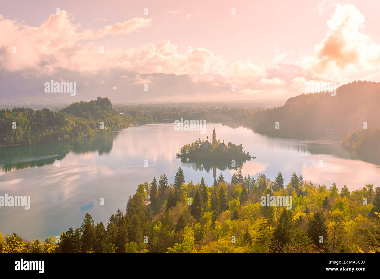 Der See Bled, Slowenien. Sonnenaufgang über dem nebligen Insel von einer hohen Sicht Stockfoto