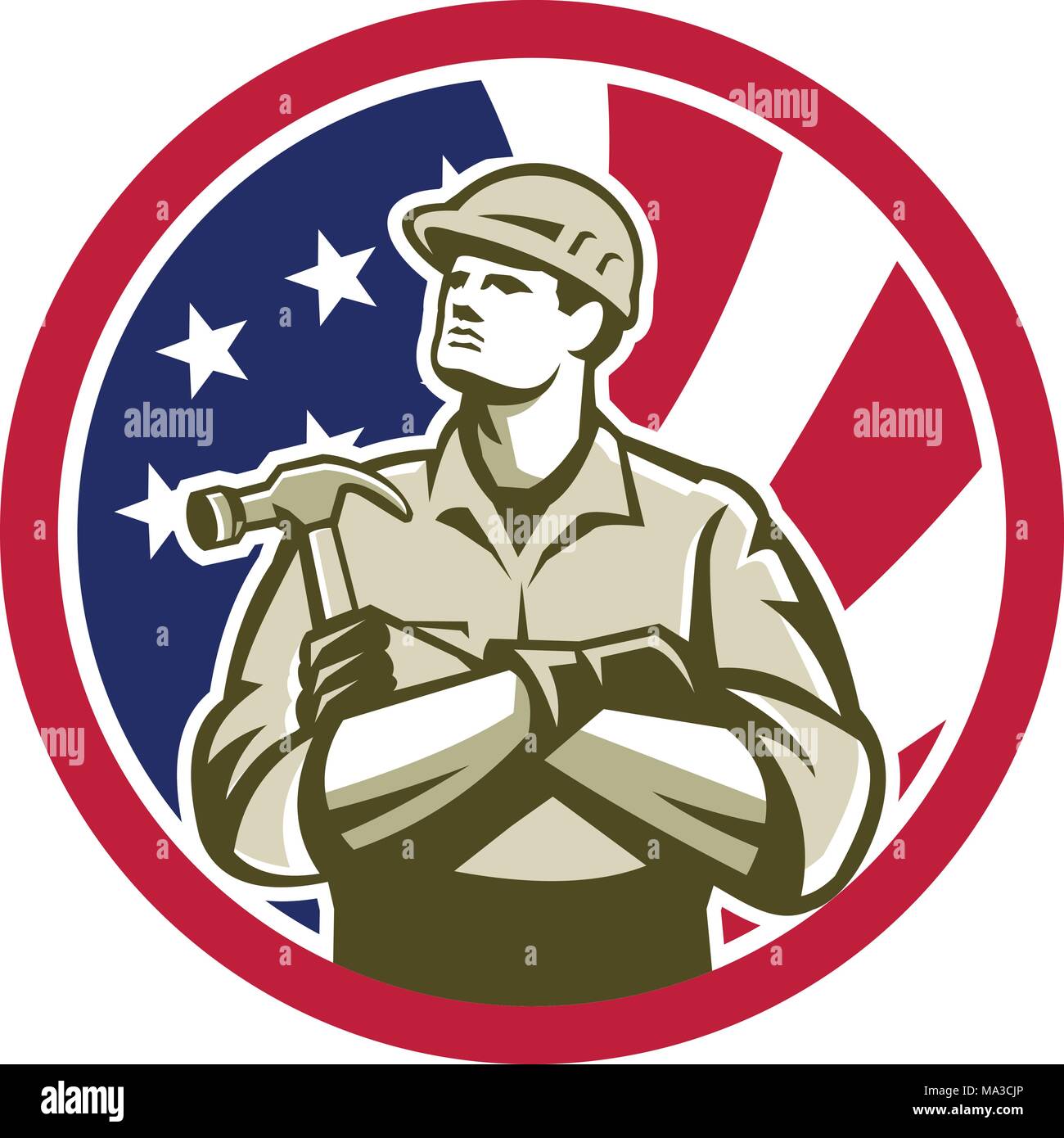 Symbol Retro Stil Abbildung der Amerikanischen Builder, Tischler, Bau Arbeiter mit Hammer Arme mit den Vereinigten Staaten von Amerika USA Sterne Spa gekreuzt Stock Vektor